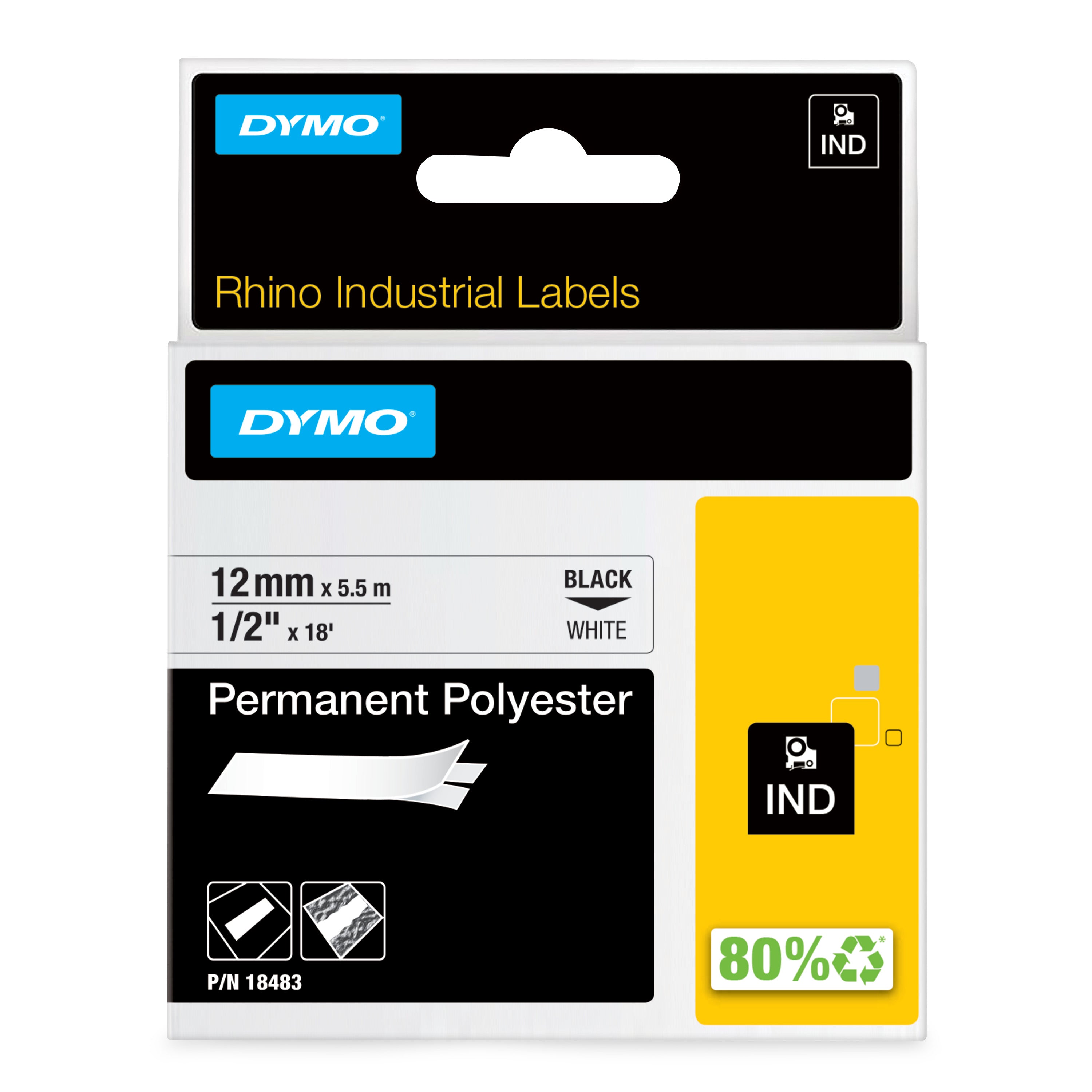 DYMO Rhino Etiquette industrielle Polyester permanent 12mm x 5,5m noir/blanc