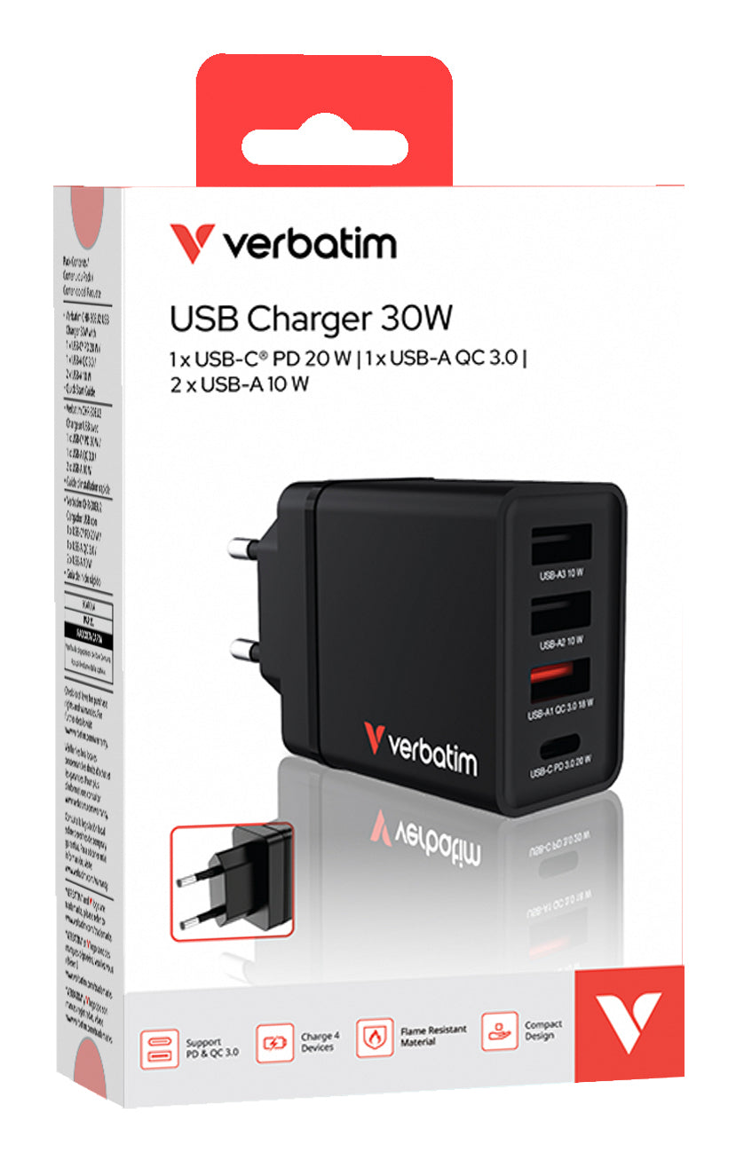 VERBATIM CHR-30EU1 USB CHARGER 30W WITH 1 X USB-C PD 20W / 1 X USB-A QC 3.0 / 2 X USB-A 10W BLACK EU WCF (P)
