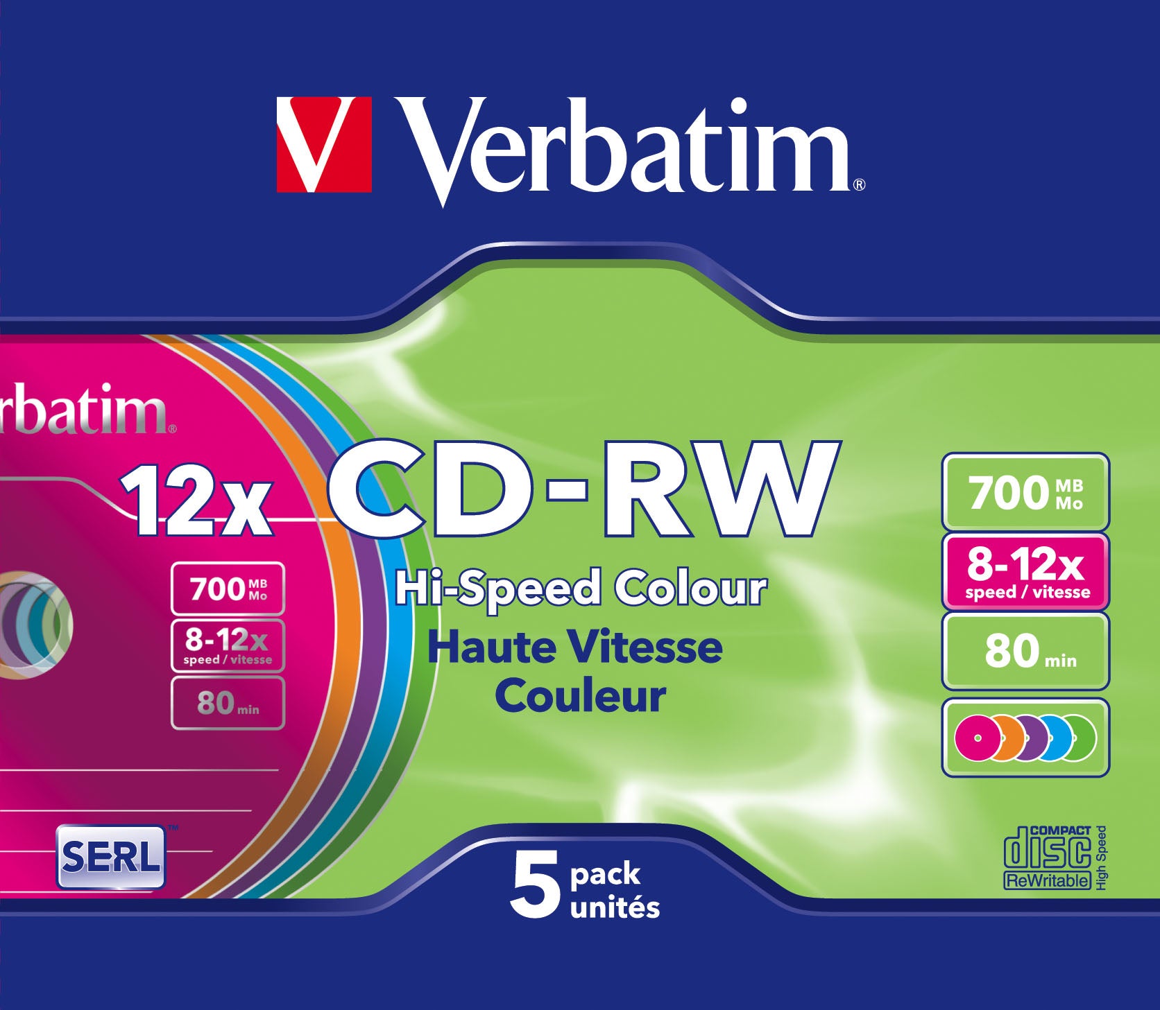 CD-RW/700MB 80Min 12x HiSpeed SC Col 5pk