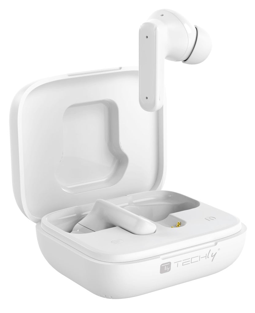 Techly ICC SB-BLT08W Écouteurs sans fil intra-auriculaires Bluetooth, étui avec écran LCD, réduction de bruit ANC, égaliseur