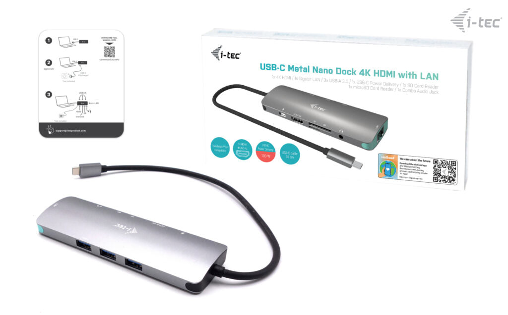 I-TEC USB C Metal Nano Docking Station 1xHDMI4K 1xSD Cardreader 1xmicroSD reader 1xGLAN 3xUSB 3.0 Port 1xUSB-C Sans Alimentation