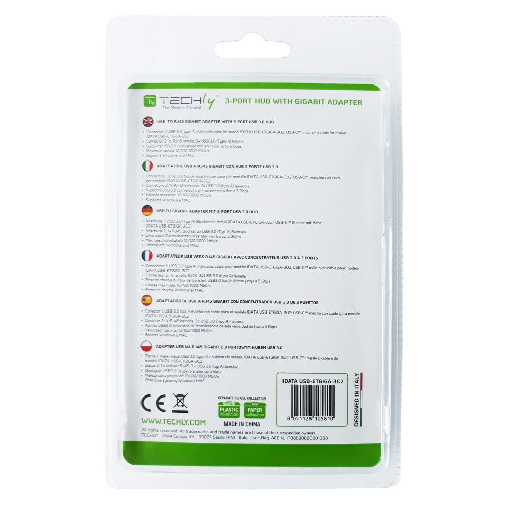 Techly IDATA USB-ETGIGA-3C2 Carte réseau/adaptateur USB-C vers RJ45 Gigabit, hub 3x USB 3.0