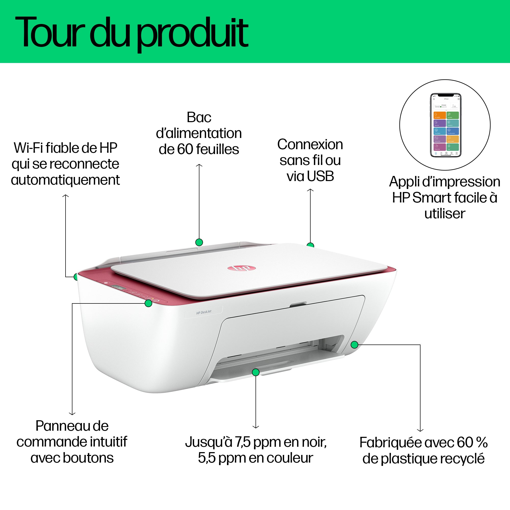 HP DeskJet 2823e All-in-One Printer A jet d'encre thermique A4 4800 x 1200 DPI 7,5 ppm Wifi