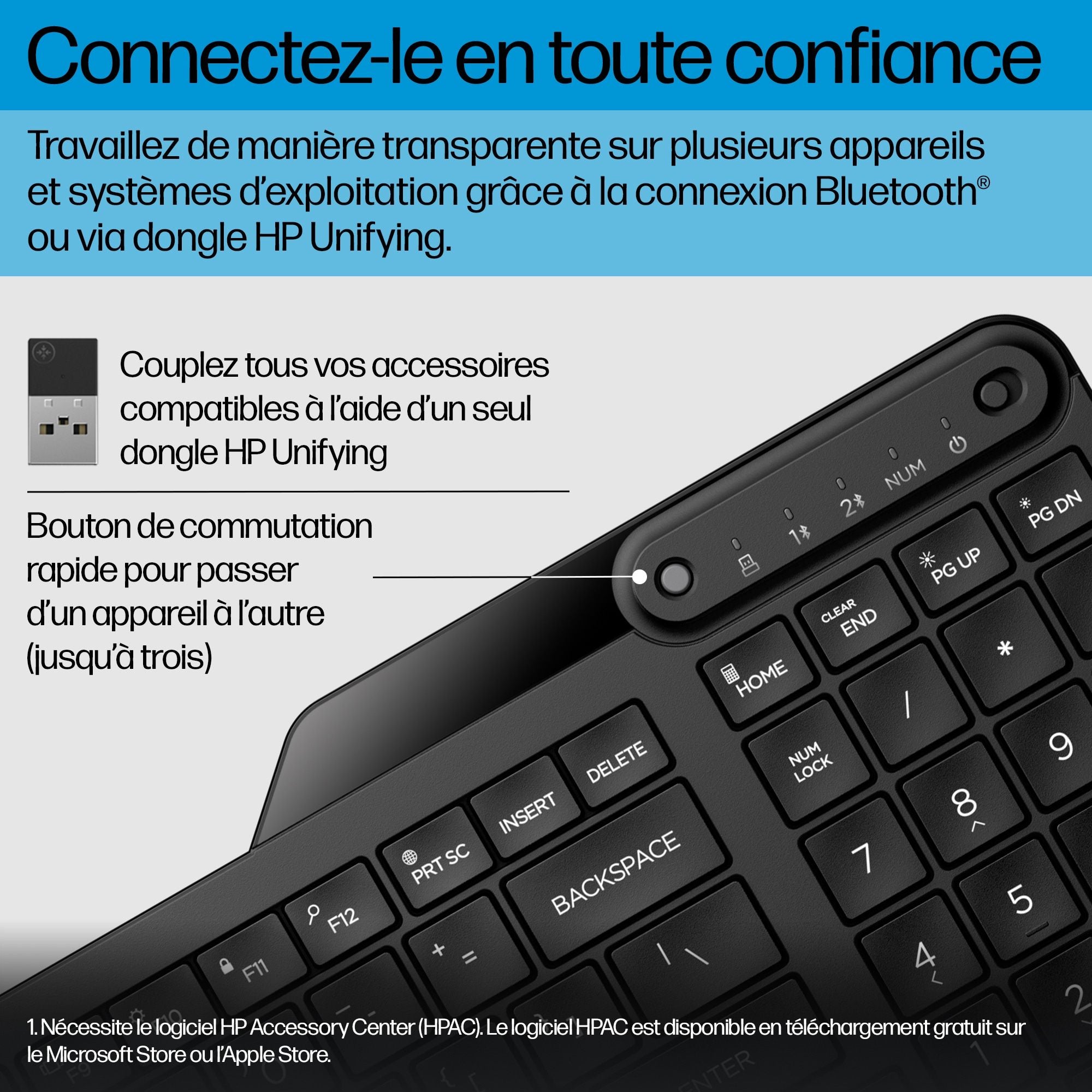 Clavier sans fil HP 475 mode double - récepteur USB + Bluetooth - noir QWERTY (7N7B9AA#ABB)