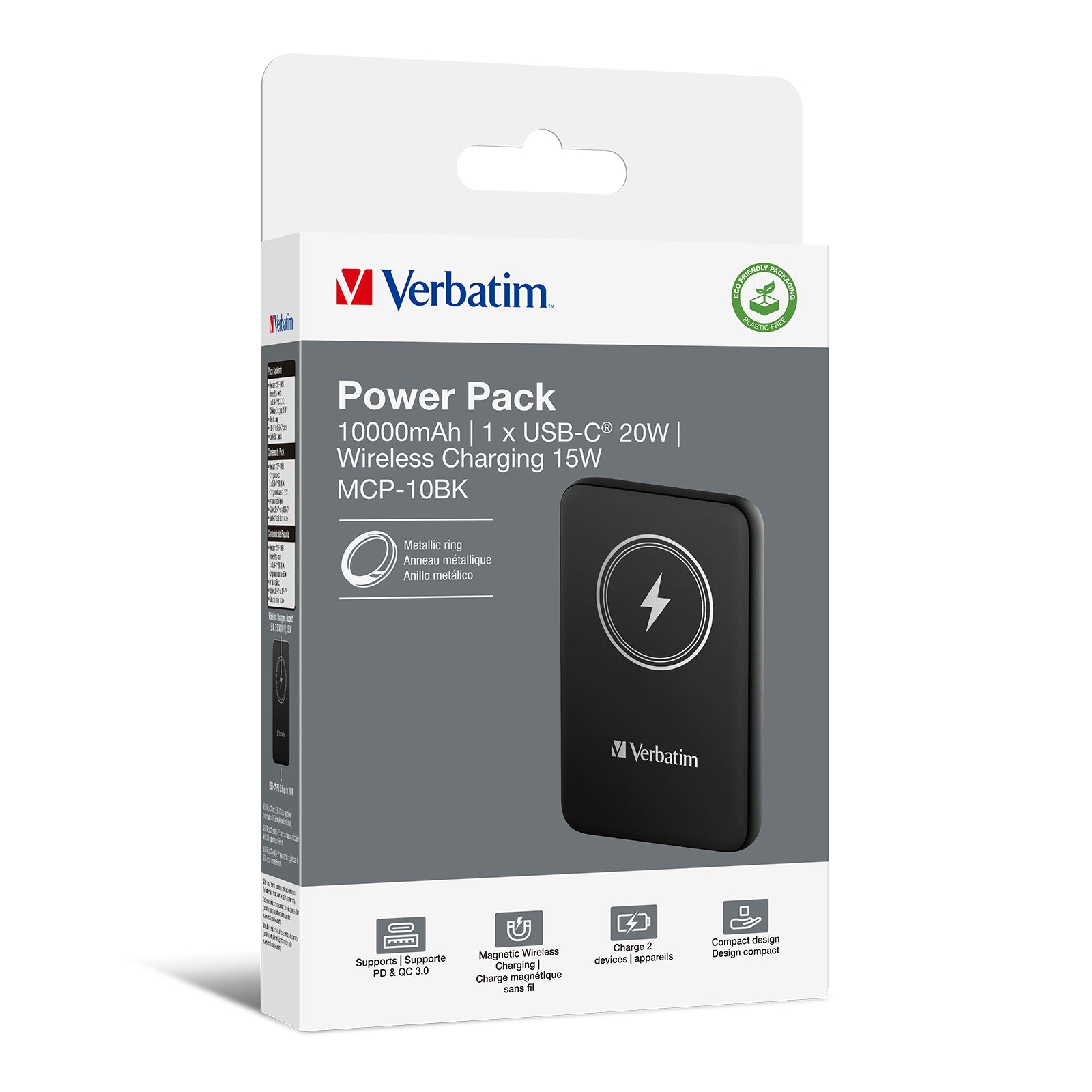 VERBATIM CHARGE N GO MAGNETIC WIRELESS POWER BANK 10000 BLACK WCF (P)