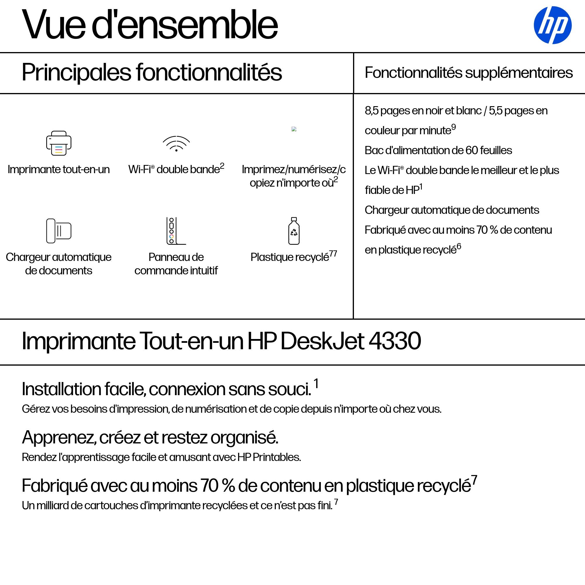 HP DeskJet 4330 All-In-One MFP thermal inkjet Black 8.5â€¯ppm Color 5.5â€¯ppm USB Wi-Fi Bluetooth