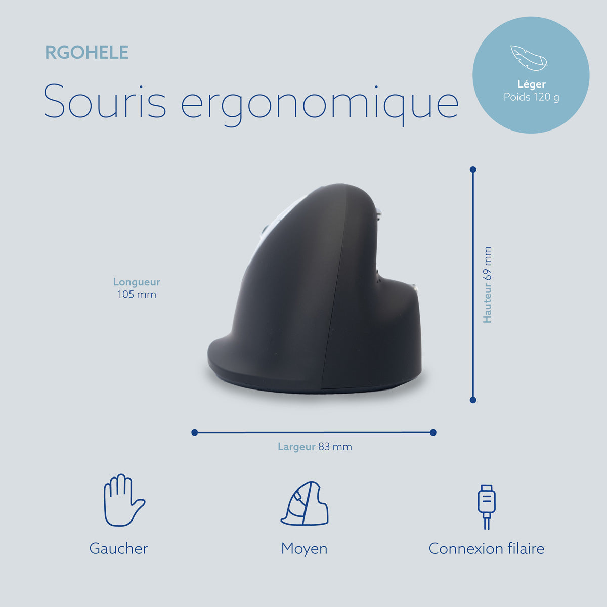 R-GO TOOL Souris HE Break, gaucher, filaire, M noire