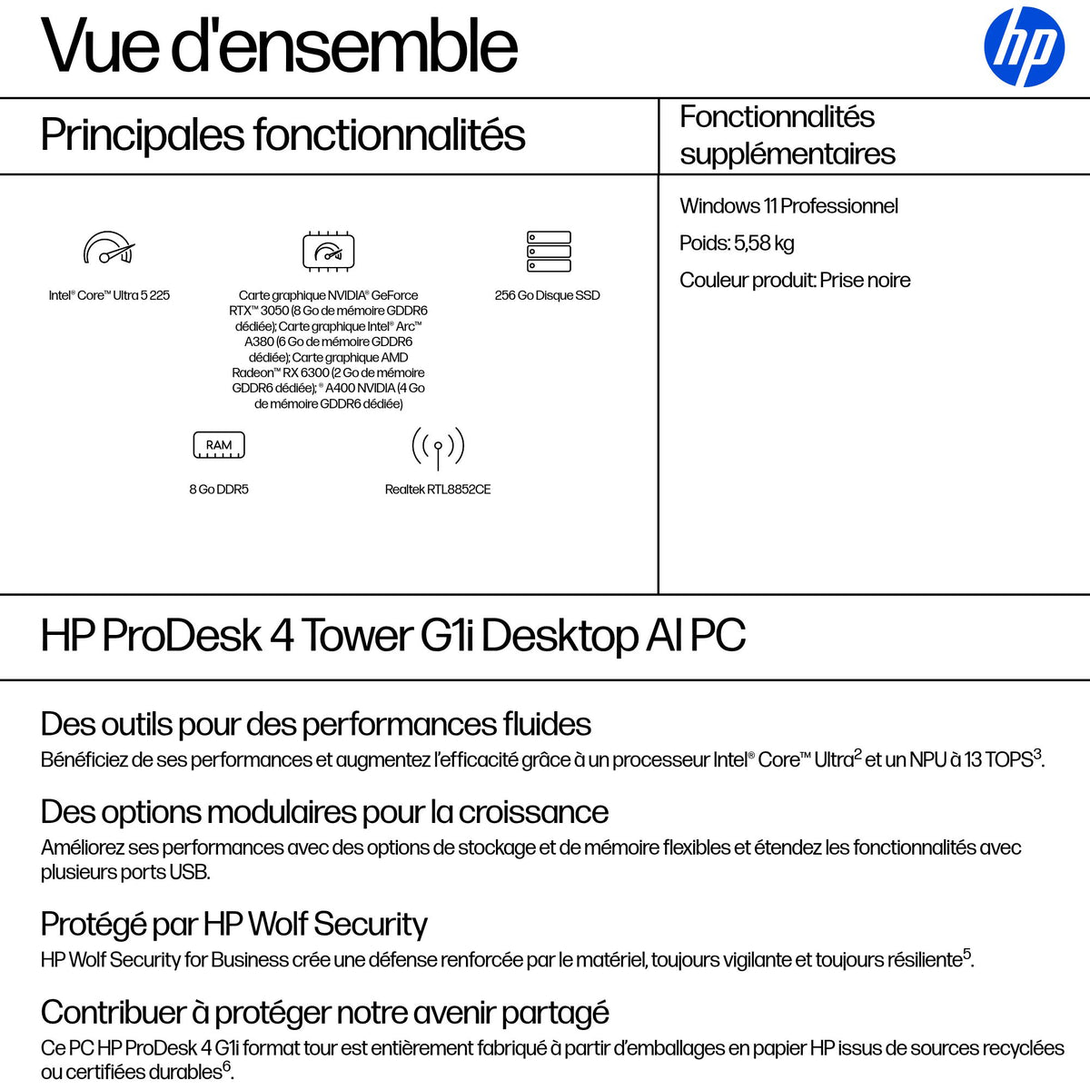 HP Pro Tower 400 G1i Intel Core Ultra 5 225 8Go 256Go SSD UMA W11P 3/3/3 Smartbuy