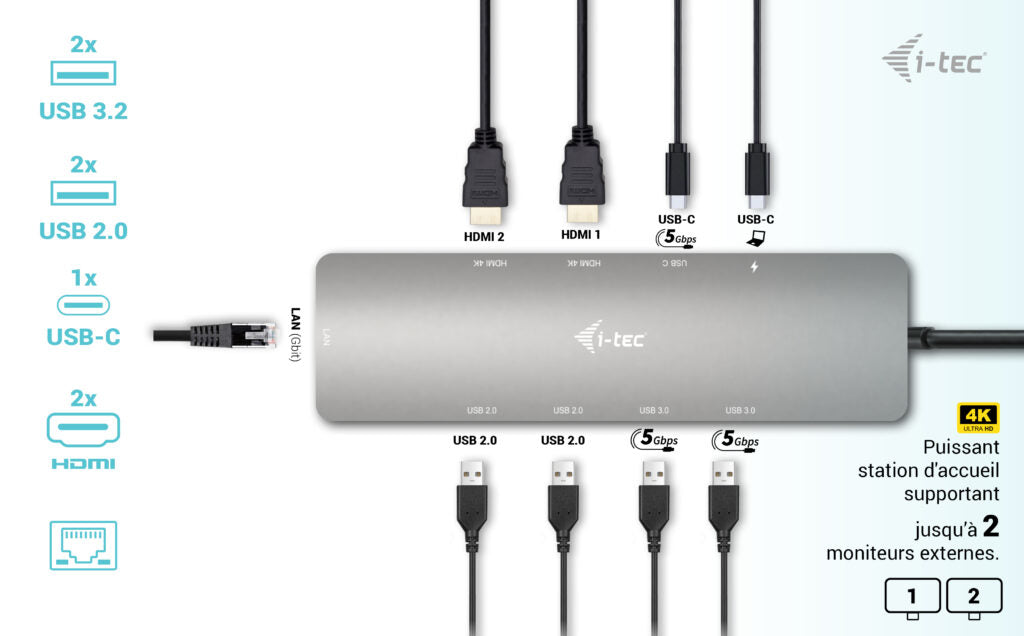 I-TEC USB-C Metal Nano Dock 2x HDMI 1x GLAN 2x USB 3.2 2x USB 2.0 1x USB-C 3.2 Gen.1 Data 1x USB-C 100W PD + Charger 100W