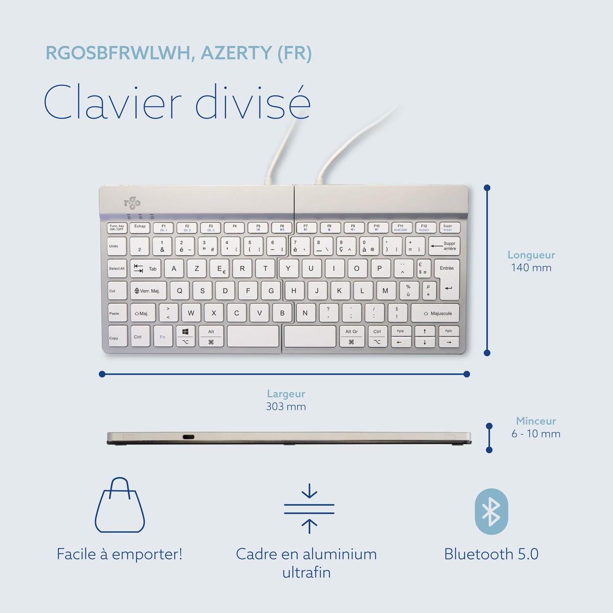 R-GO TOOLS Clavier ergo Split Break, divisé Bluetooth blanc