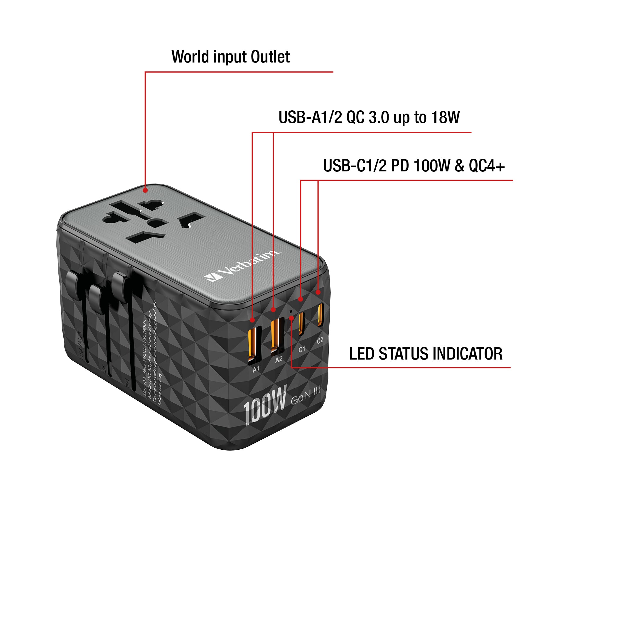 VERBATIM GAN III UNIVERSAL TRAVEL ADAPTER UTA-06 WITH 2 X USB-C PD 100W & QC 4+ / 2 X USB-A QC 3.00 WCF (P)