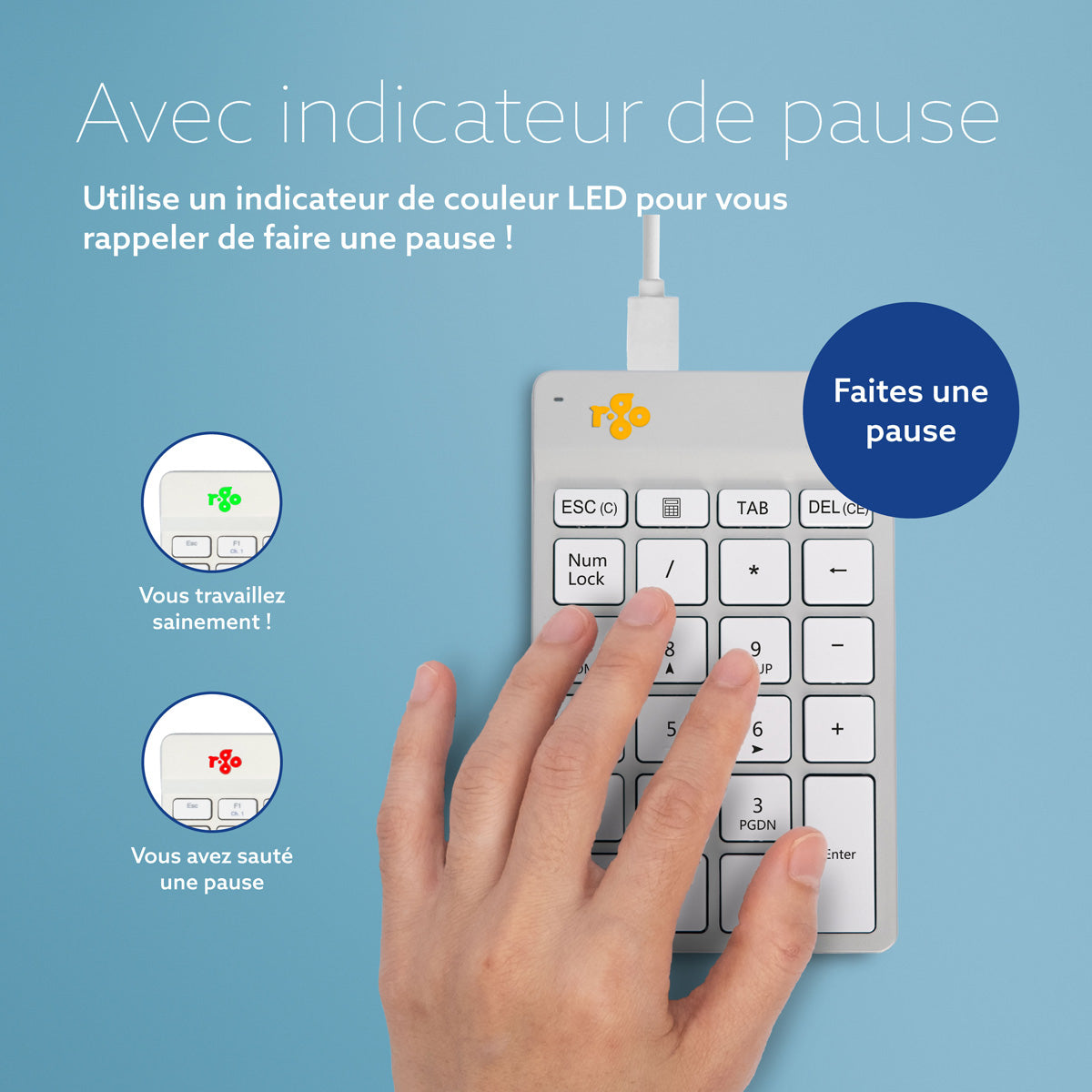 R-GO TOOLS Pavé numérique Numpad Break, filaire blanc/argent
