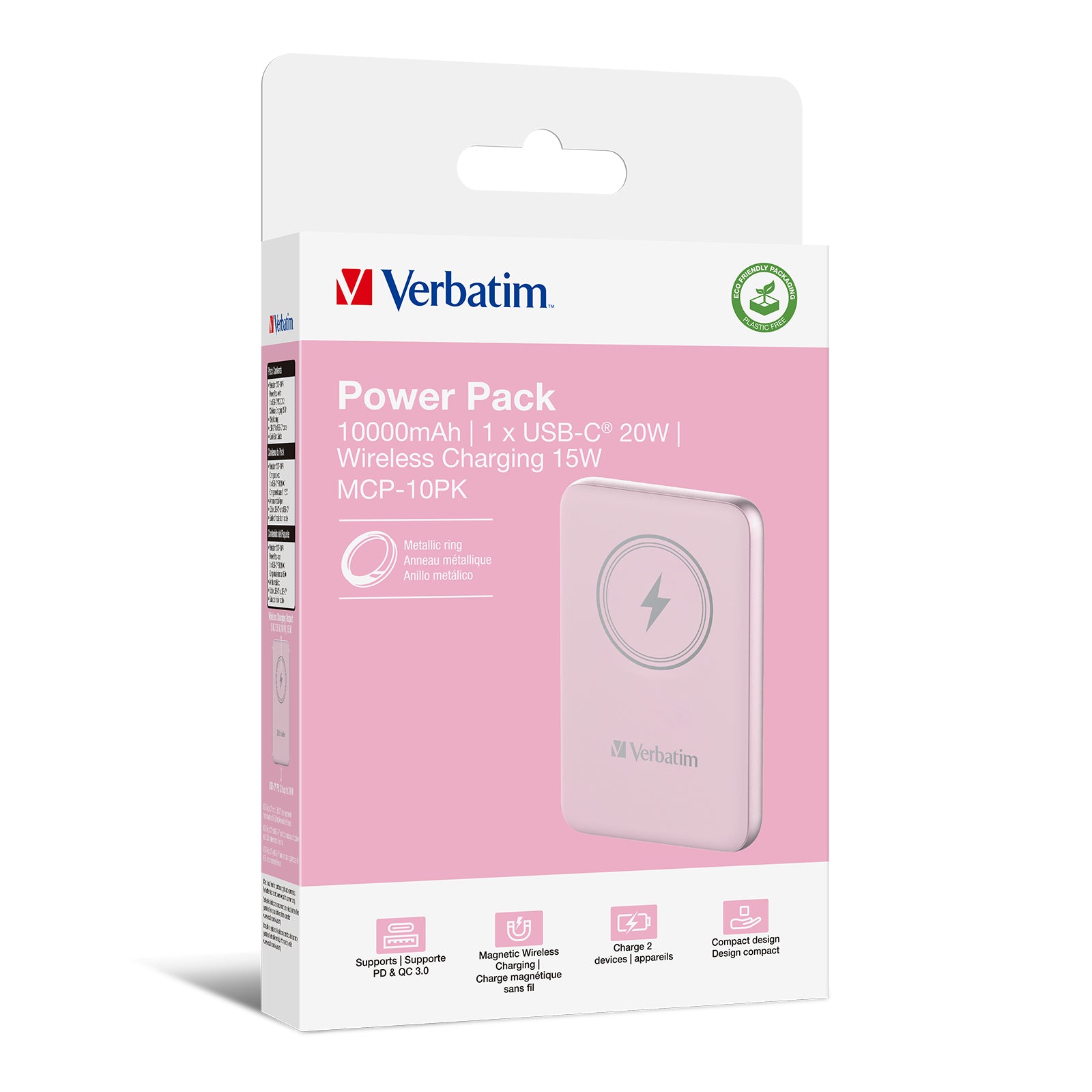 VERBATIM CHARGE N GO MAGNETIC WIRELESS POWER BANK 10000 PINK WCF (P)