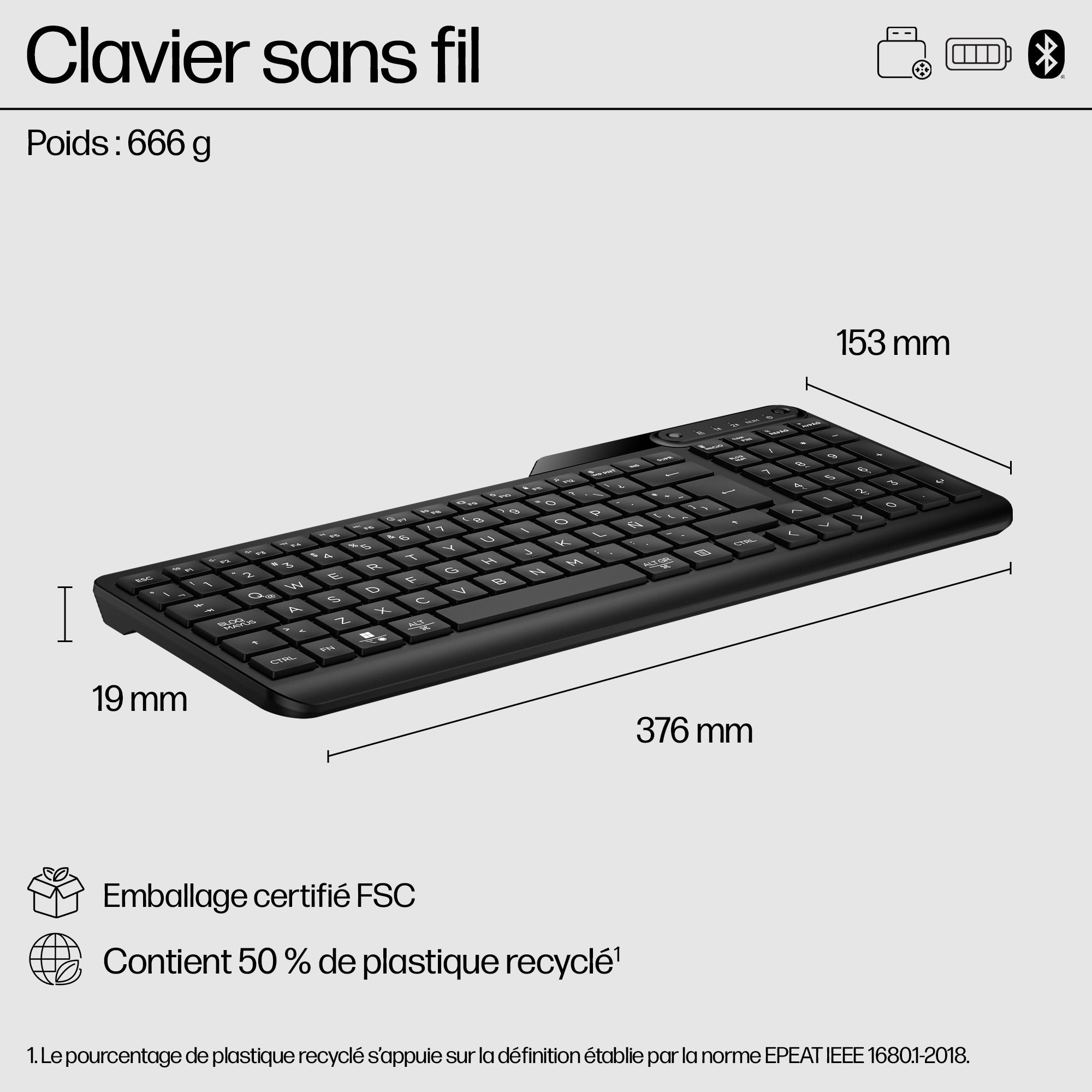 Clavier sans fil HP 475 mode double - récepteur USB + Bluetooth - noir QWERTY (7N7B9AA#ABB)