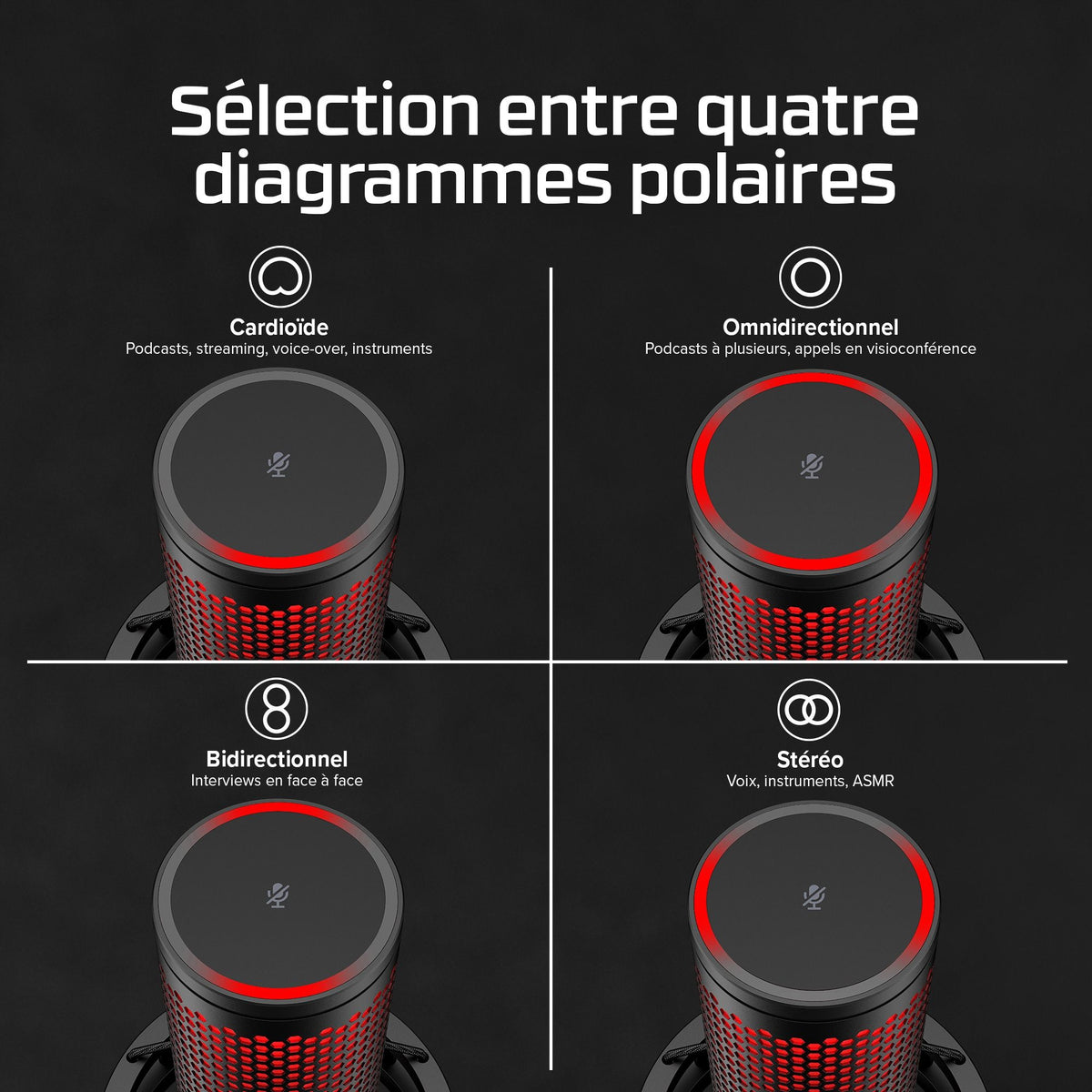 Microphone a condensateur HyperX QuadCast 2, USB, filtre anti-pop, noir
