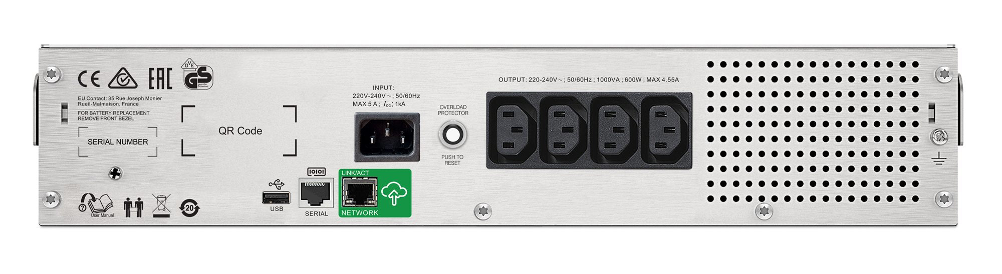 APC Smart-UPS C UPS rack-mountable AC 230V 600Watt 1000VA USB serial output connectors 4 2U Black with APC SmartConnect