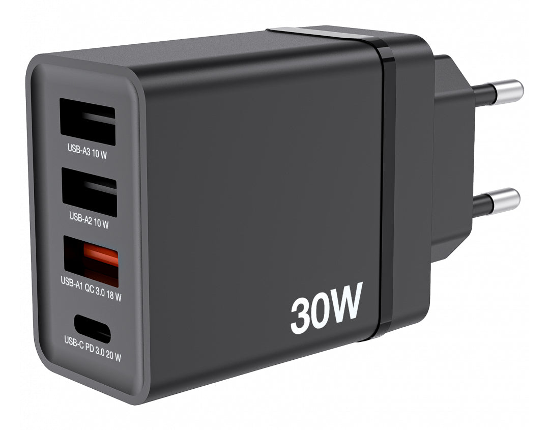 VERBATIM CHR-30EU1 USB CHARGER 30W WITH 1 X USB-C PD 20W / 1 X USB-A QC 3.0 / 2 X USB-A 10W BLACK EU WCF (P)