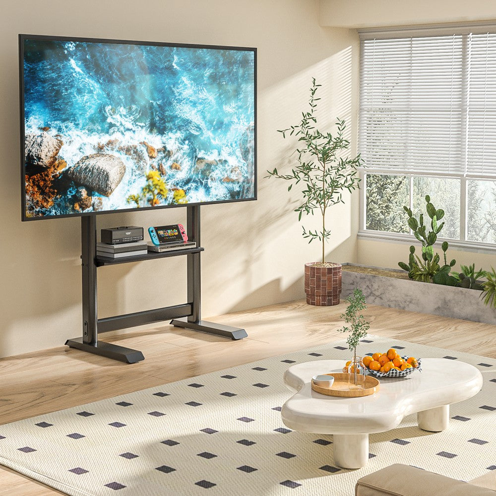 "Techly ICA-TR130BK Support de sol pour TV 60-86"" jusqu'a 68kg réglable avec étagere AV"