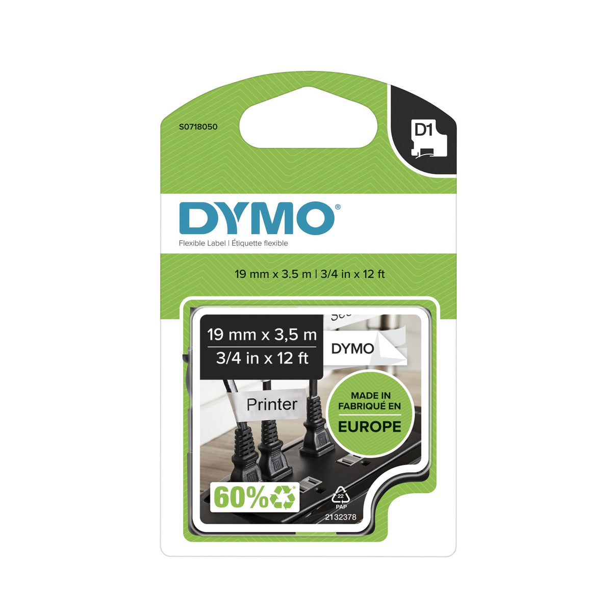 Ruban dymo D1 haute performance 19mm noir sur blanc