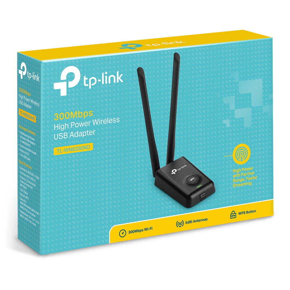 TP-LINK 300Mbps High Power Wireless USB Adapter 2.4GHz 802.11b/g/n High Power up to 500mw 2x5dBi detachable RP-SMA antennas 1xUSB