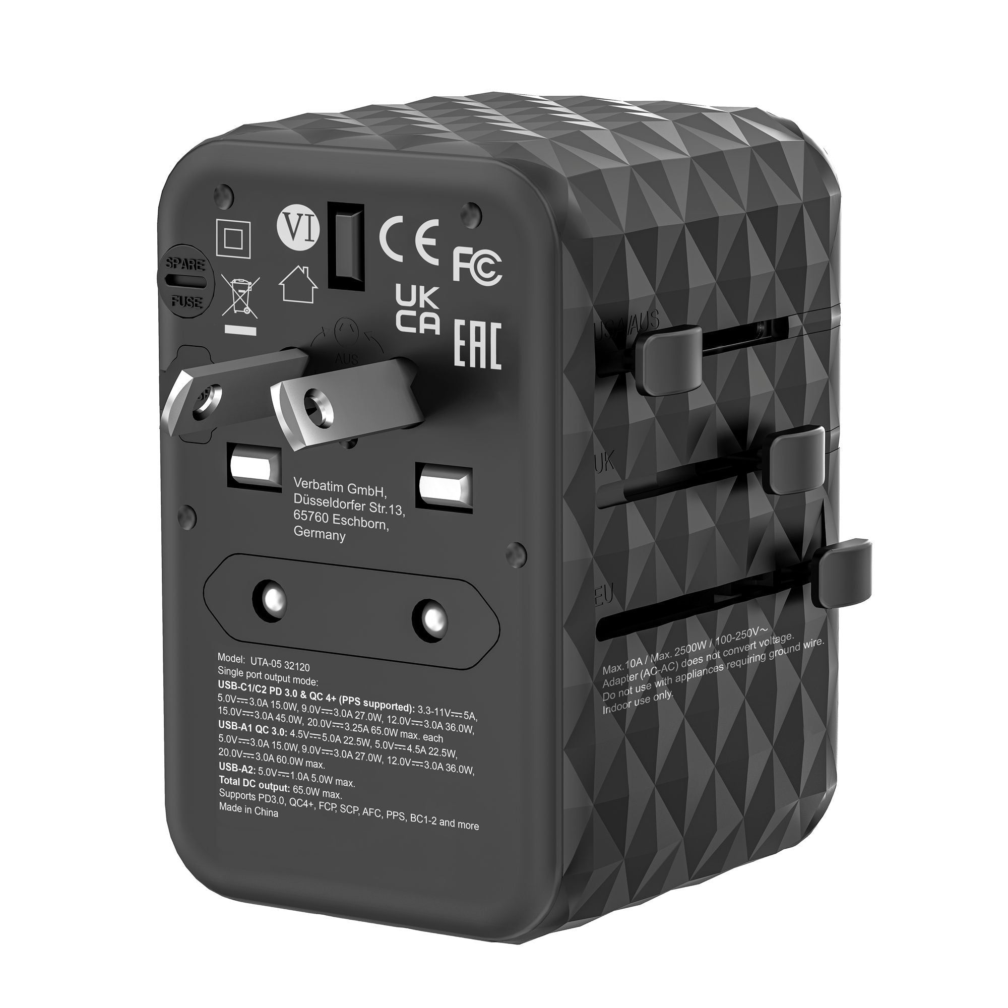 VERBATIM GAN III UNIVERSAL TRAVEL ADAPTER UTA-05 WITH 2 X USB-C PD 65W & QC 4+ / 2 X USB-A WCF (P)