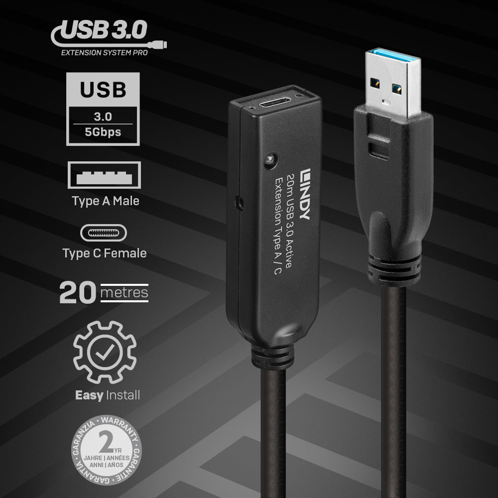 LINDY 20m USB 3.0 Active Extension Type A to C