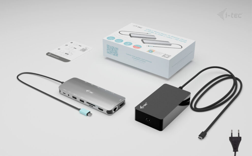 I-TEC USB-C Metal NanoDock 2xHDMI 1xUSB-C Video 1xGLAN 1xAudio/Mic 1xSD/microSD 1xUSB 3.2 3xUSB-C 3.2 Gen2 2xUSB 2.0 PD140W+charger