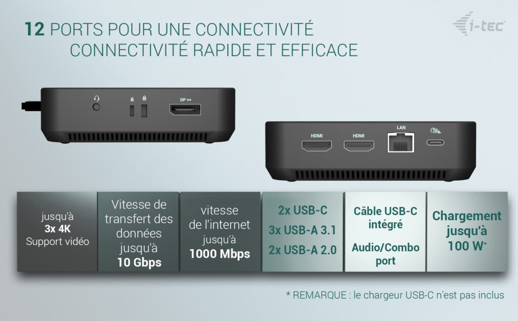 I-TEC USB-C DS 2 x HDMI 1x DP 1x GLAN 1x USB-C 3.2 3x USB-A 3.2 2x USB 2.0 1x 3.5mm Audio/Mic 1x 100W USB-C Power Delivery
