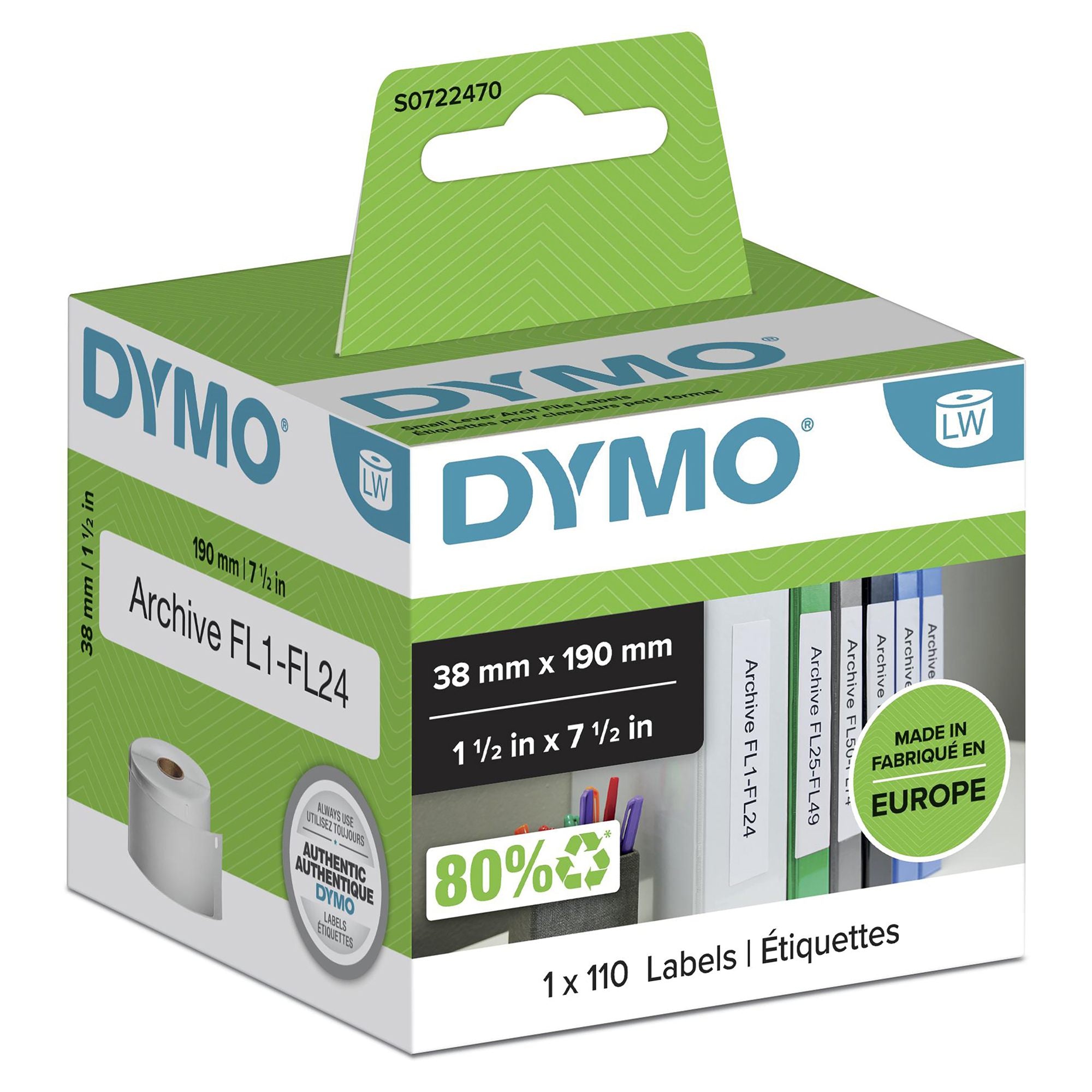 Rouleau dymo 110 etiquet classeur 190x38MM pour labelwriter
