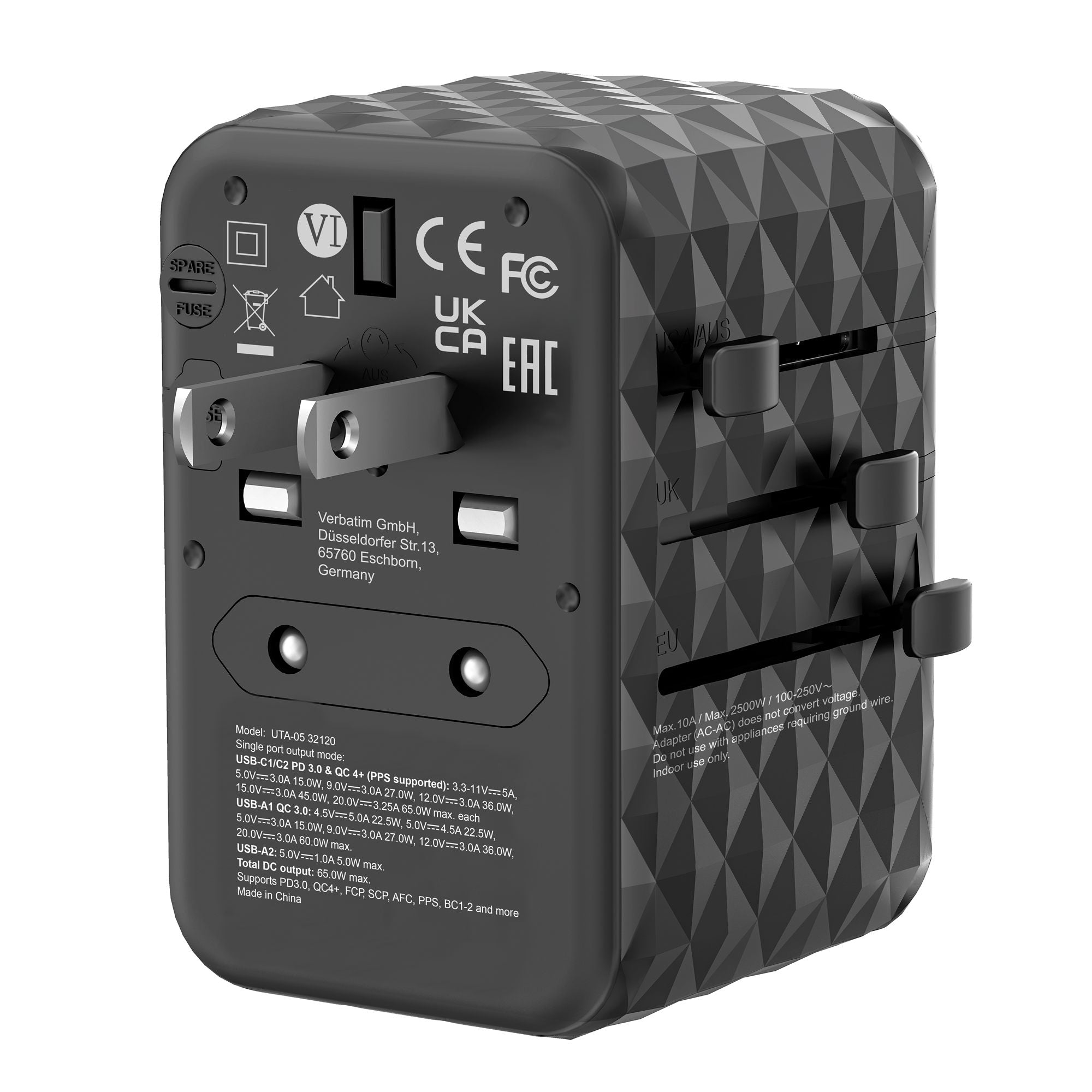 VERBATIM GAN III UNIVERSAL TRAVEL ADAPTER UTA-05 WITH 2 X USB-C PD 65W & QC 4+ / 2 X USB-A WCF (P)