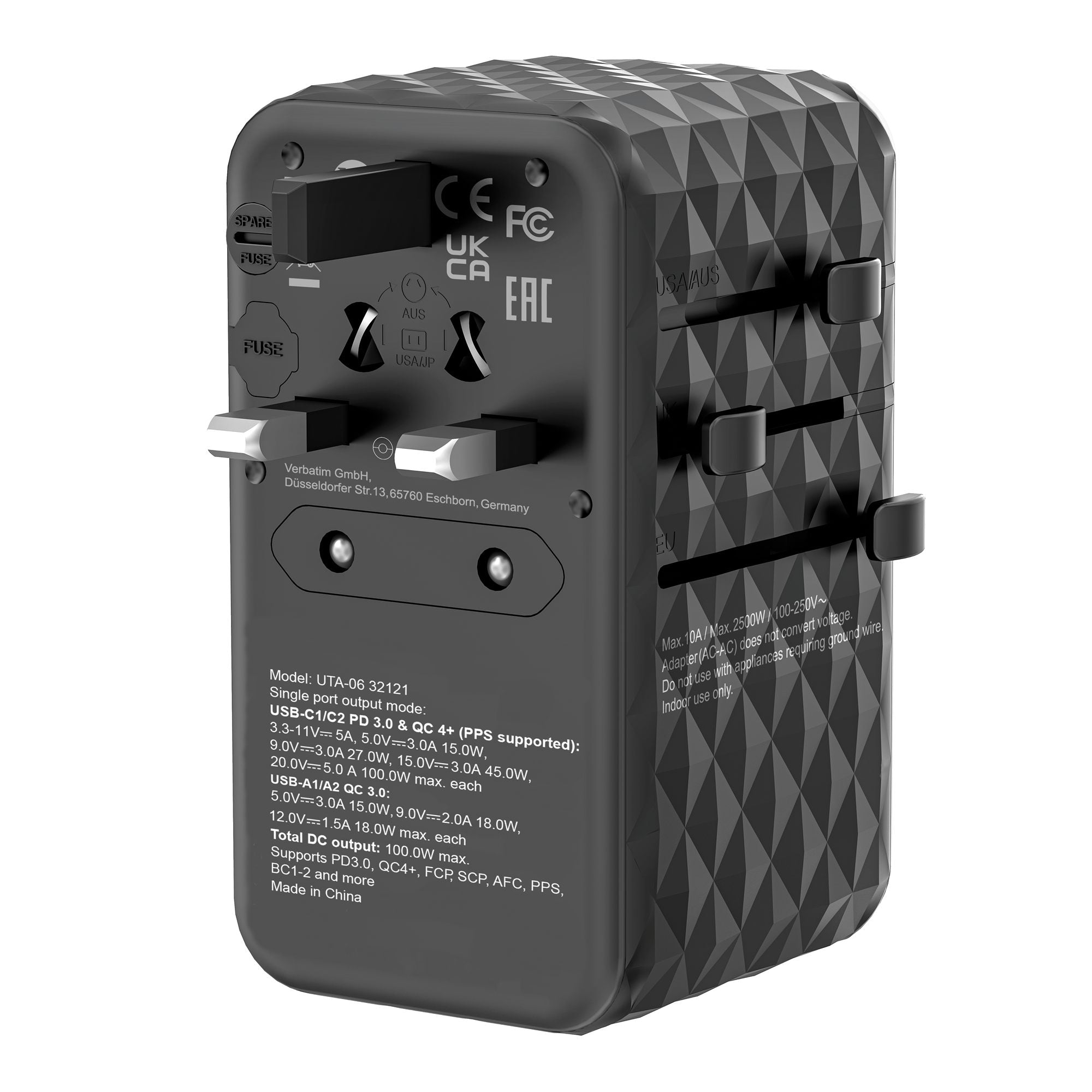 VERBATIM GAN III UNIVERSAL TRAVEL ADAPTER UTA-06 WITH 2 X USB-C PD 100W & QC 4+ / 2 X USB-A QC 3.00 WCF (P)