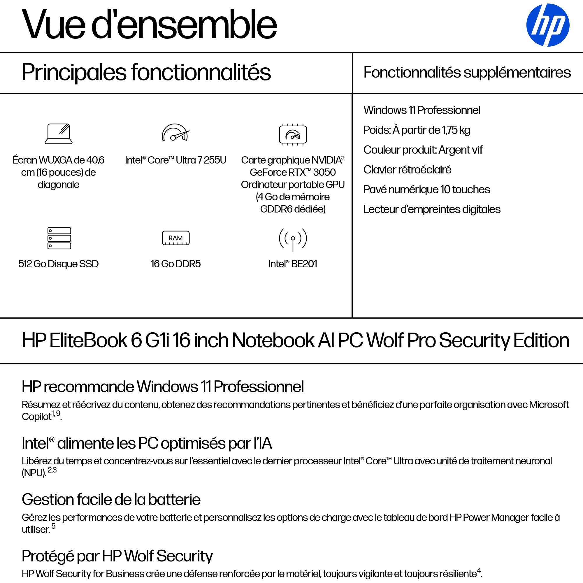 HP EliteBook 6 G1i IA Nouvelle génération Intel Core Ultra 7 255U 16p WUXGA 16Go 512Go SSD UMA W11P Copilot + PC 1/1/0