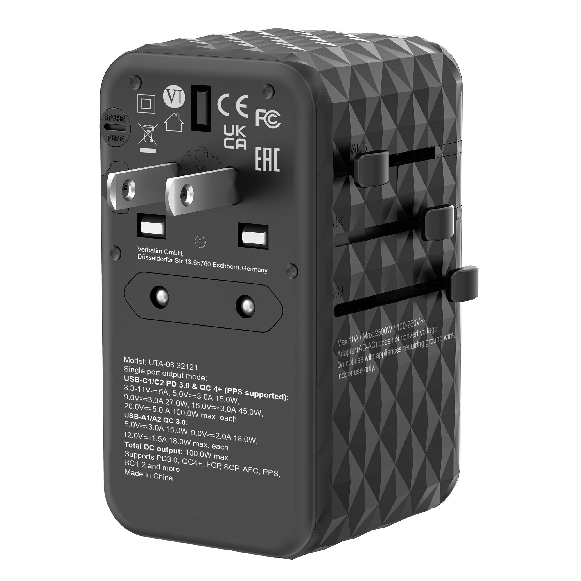 VERBATIM GAN III UNIVERSAL TRAVEL ADAPTER UTA-06 WITH 2 X USB-C PD 100W & QC 4+ / 2 X USB-A QC 3.00 WCF (P)