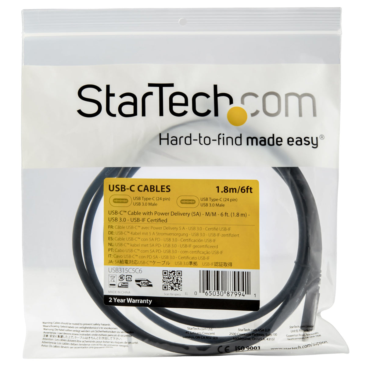 Cable USB-C w/5A PD - USB 3.0 5Gbps 6ft