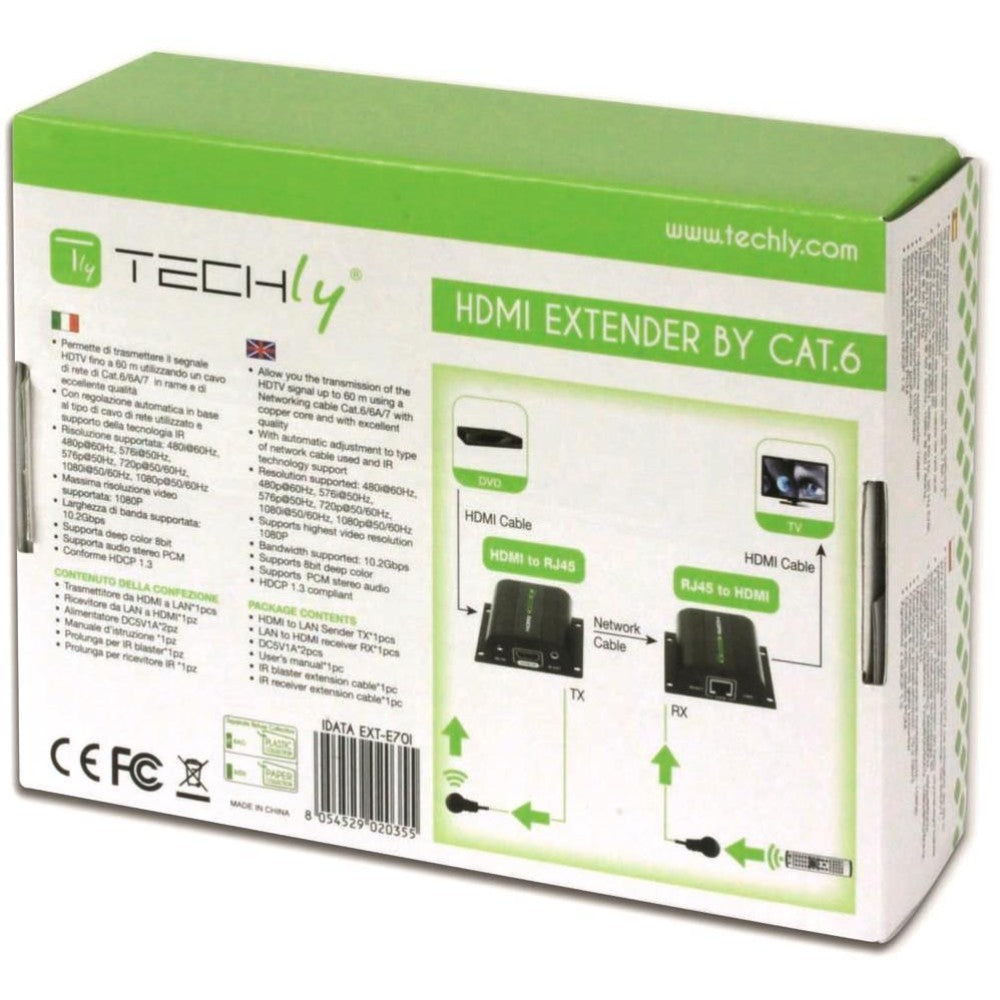 Techly IDATA EXT-E70I Extendeur HDMI 1080p60Hz jusqu'a 60m sur Cat6 avec IR