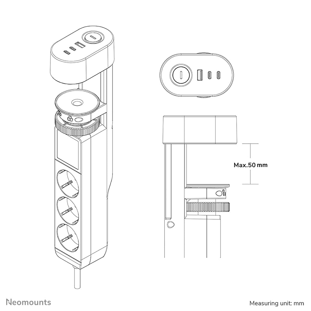 NEOMOUNTS VOLT Desk Clamp socket with Quick-charge USB Ports clamp 0-50mm 3x type-F 230V 1x USB-A 18W 2x USB-C 20W