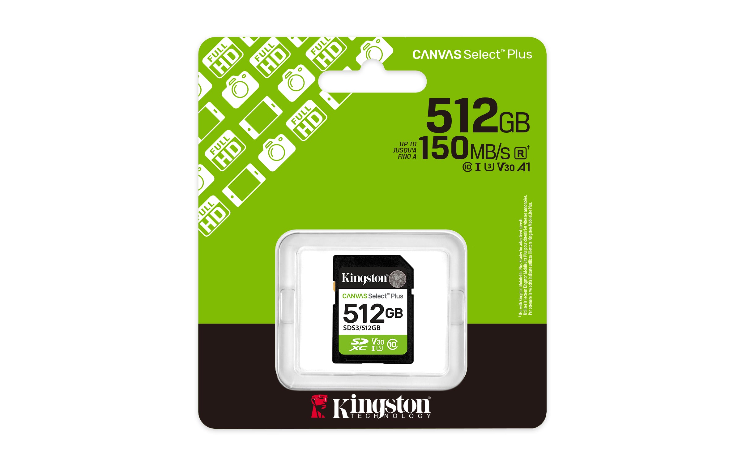 KINGSTON Canvas Select Plus Carte mémoire SDXC 512Go Gen3 150MB/s C10 UHS-I U3 V30