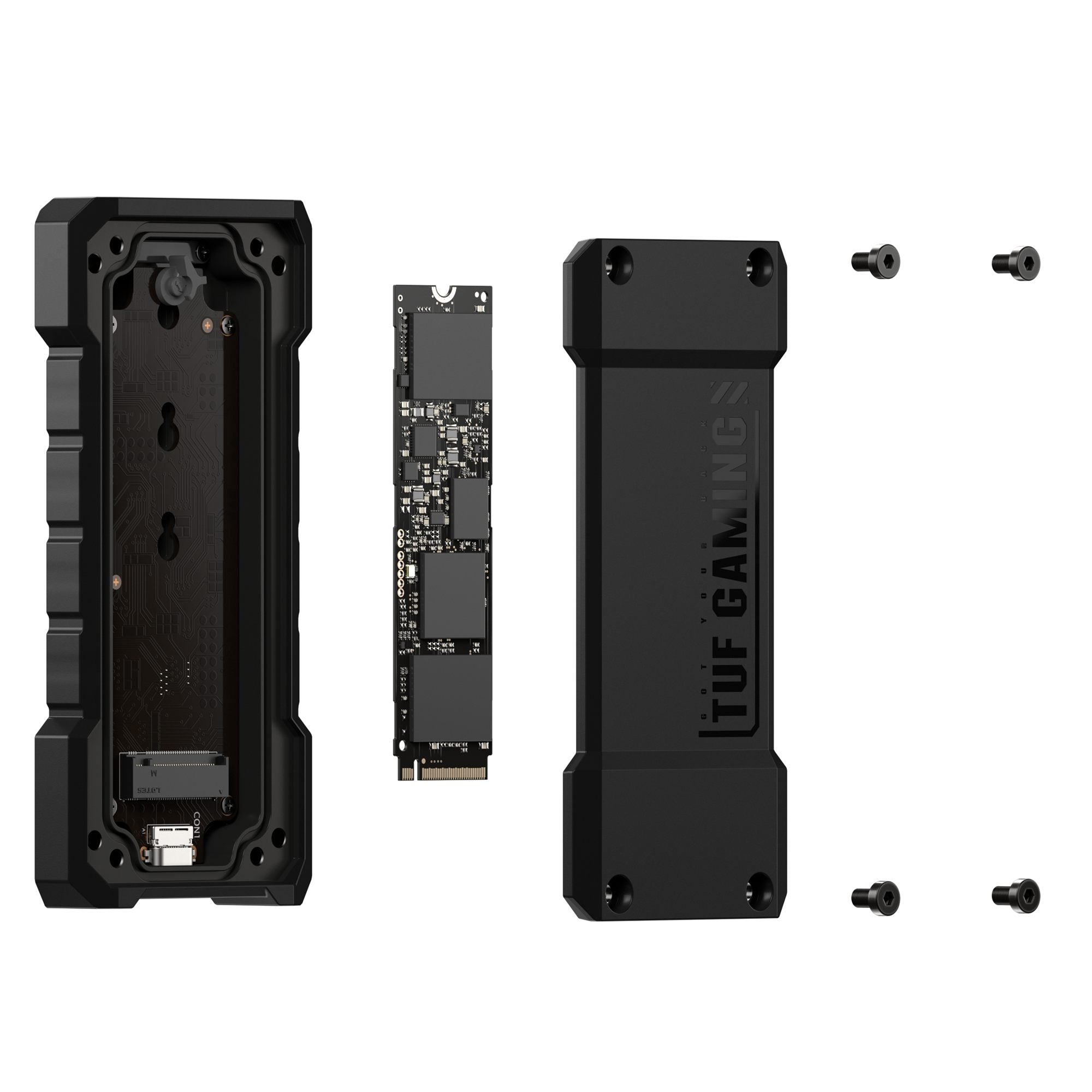 ASUS TUF Gaming A2-USB-C 3.2 Gen 2x2 SSD enclosure 20Gbps dual M.2 NVMe PCIe and SATA interfaces M.2 Q-Latch