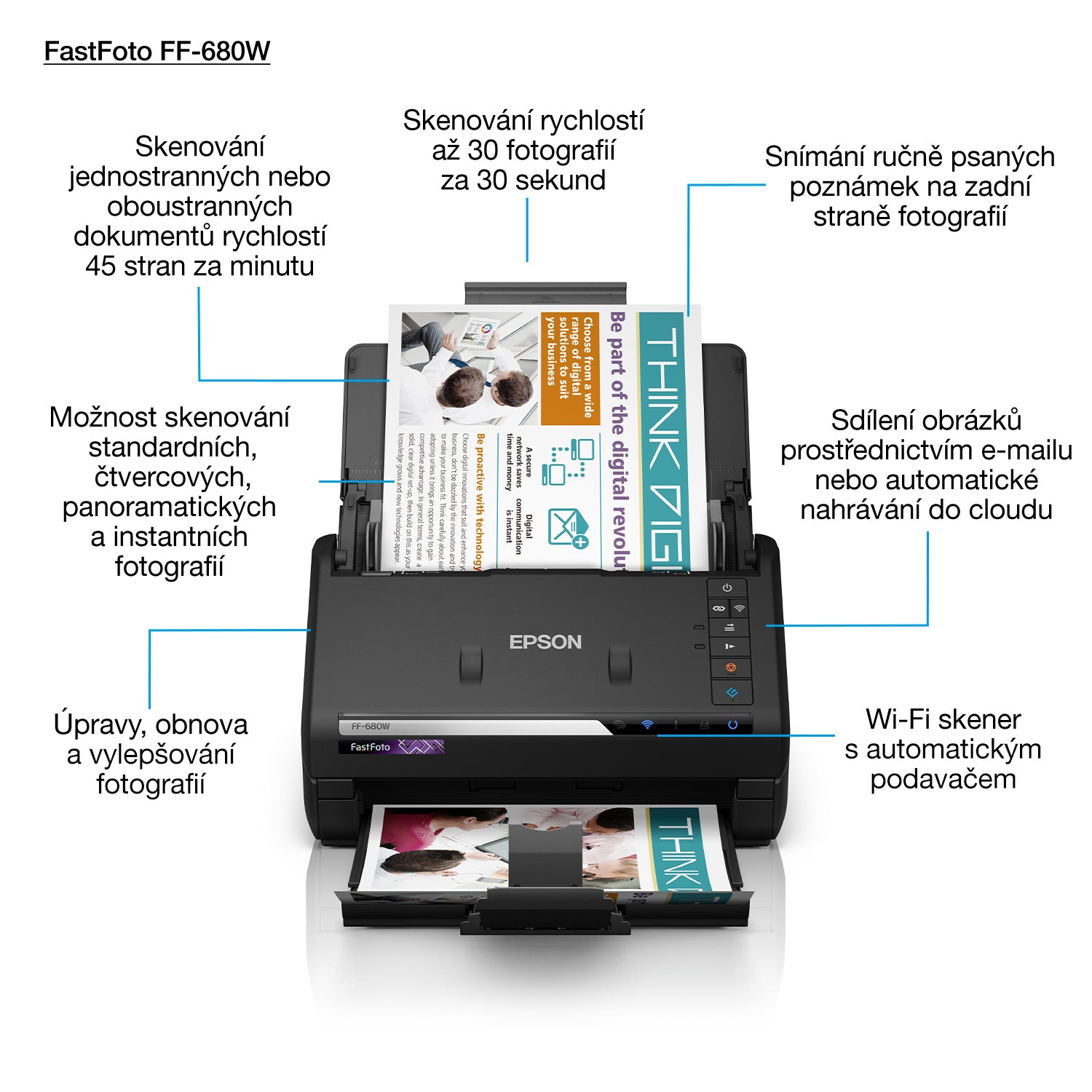 EPSON FastFoto FF-680W Document scanner Contact Image SensorCIS Duplex A4 600x600dpi 45ppm mono/45ppm colour ADF USB 3.0 Wi-Fi