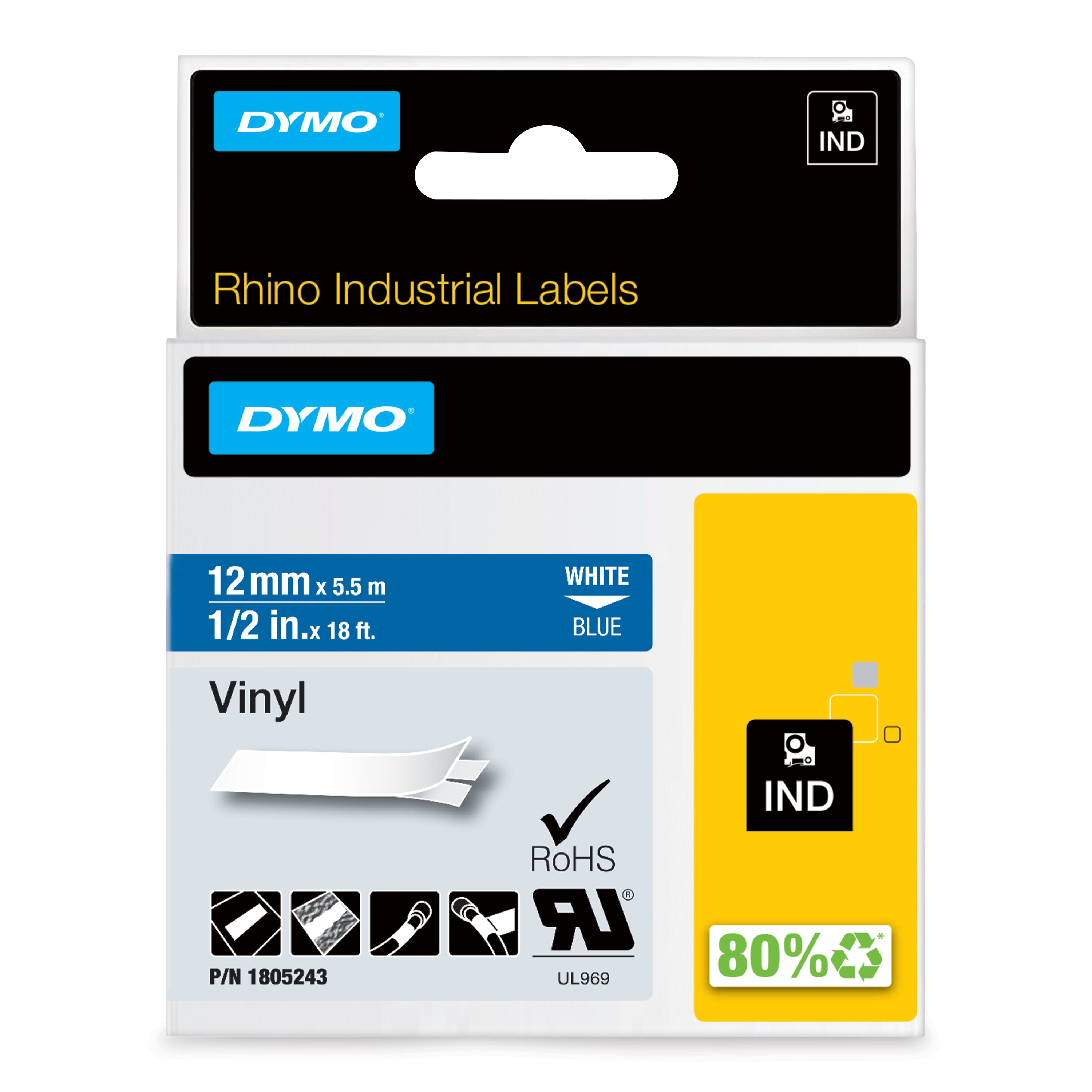 DYMO Etiquette industrielle vinyle blanc sur bleu 12 mm x 5,