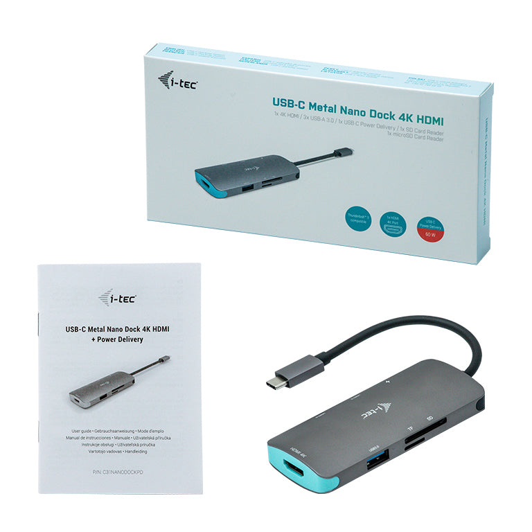 I-TEC USB C Metal Nano Docking Station 1xHDMI 4K 1xSD Cardreader 1xmicroSDCardreader 3xUSB 3.0 Port 1xUSB-C PD sans alimentation
