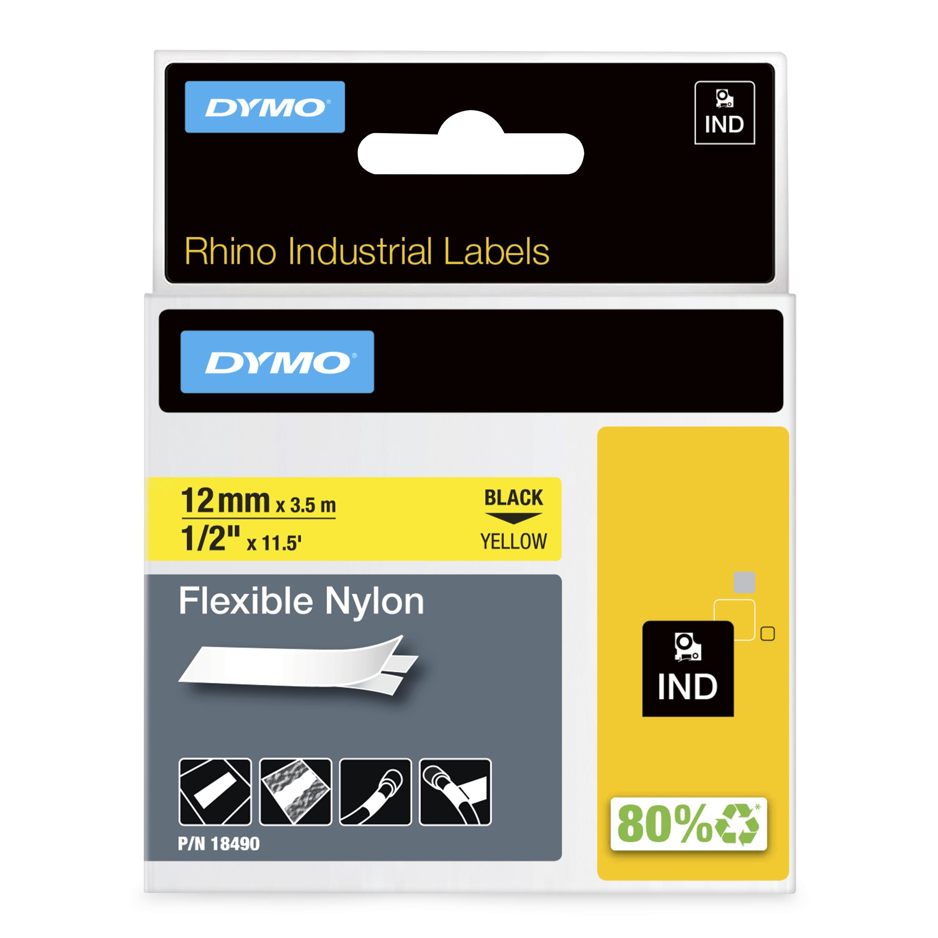 DYMO Rhino étiquette industrielle Nylon flexible 12 mm x 3,5 mm noir/jaune