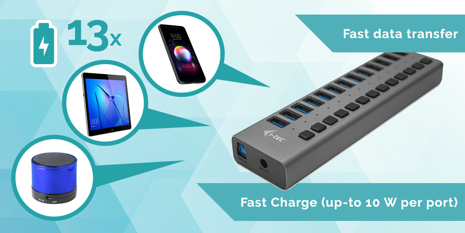I-TEC USB 3.0 Charging HUB 13port port with external power adapter 60W 13xUSB charging port forTablets Notebooks Ultrabooks PC