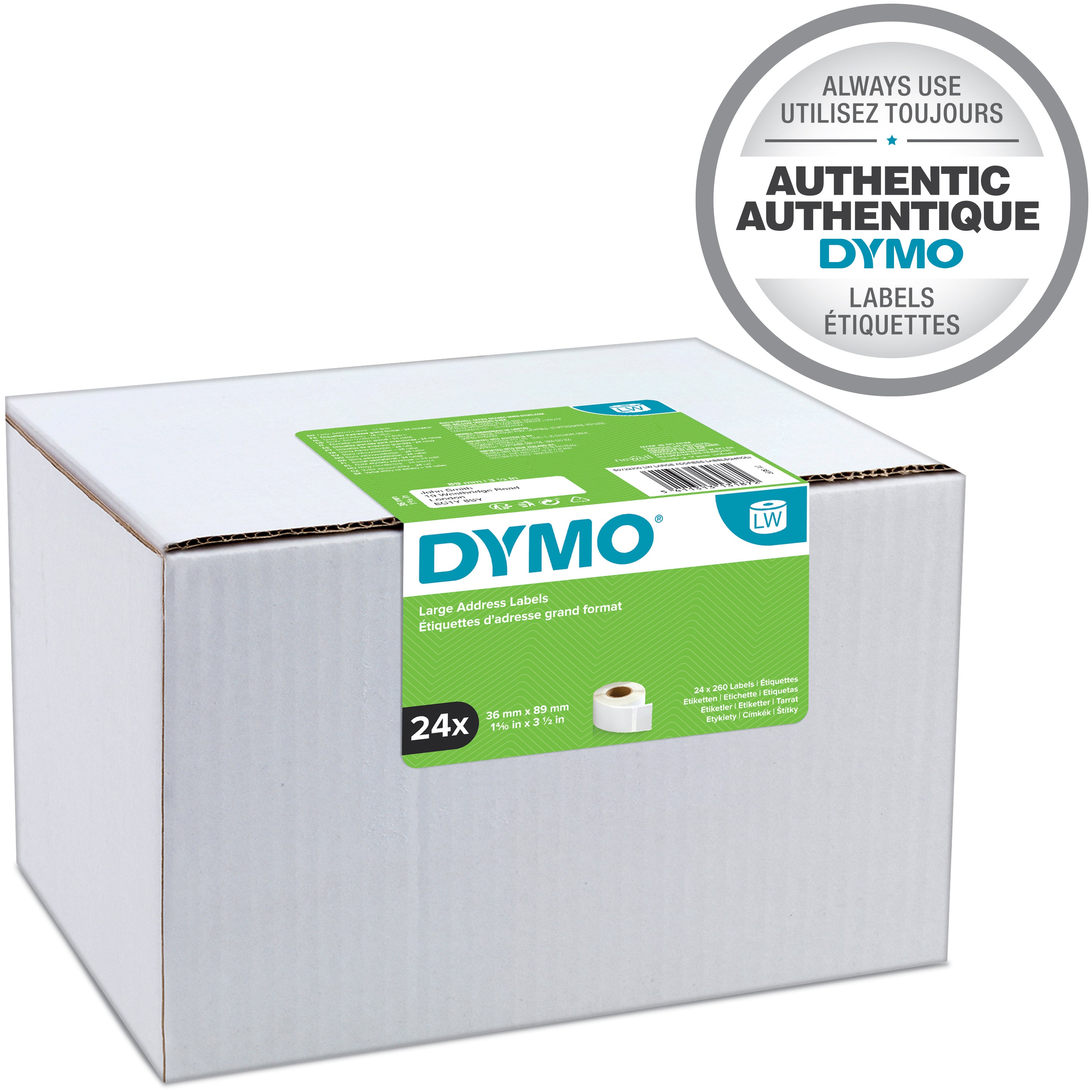 DYMO 2 rouleaux de 260 étiquettes noir sur blanc 89x36 mm