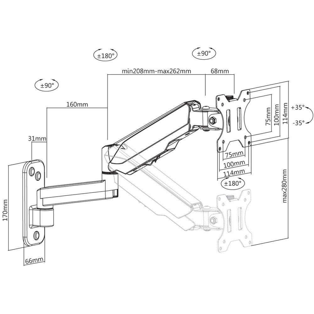 "Techly ICA-LCD G112 Support mural pour TV 17-32"" LED/LCD 8kg pivotant a gaz"