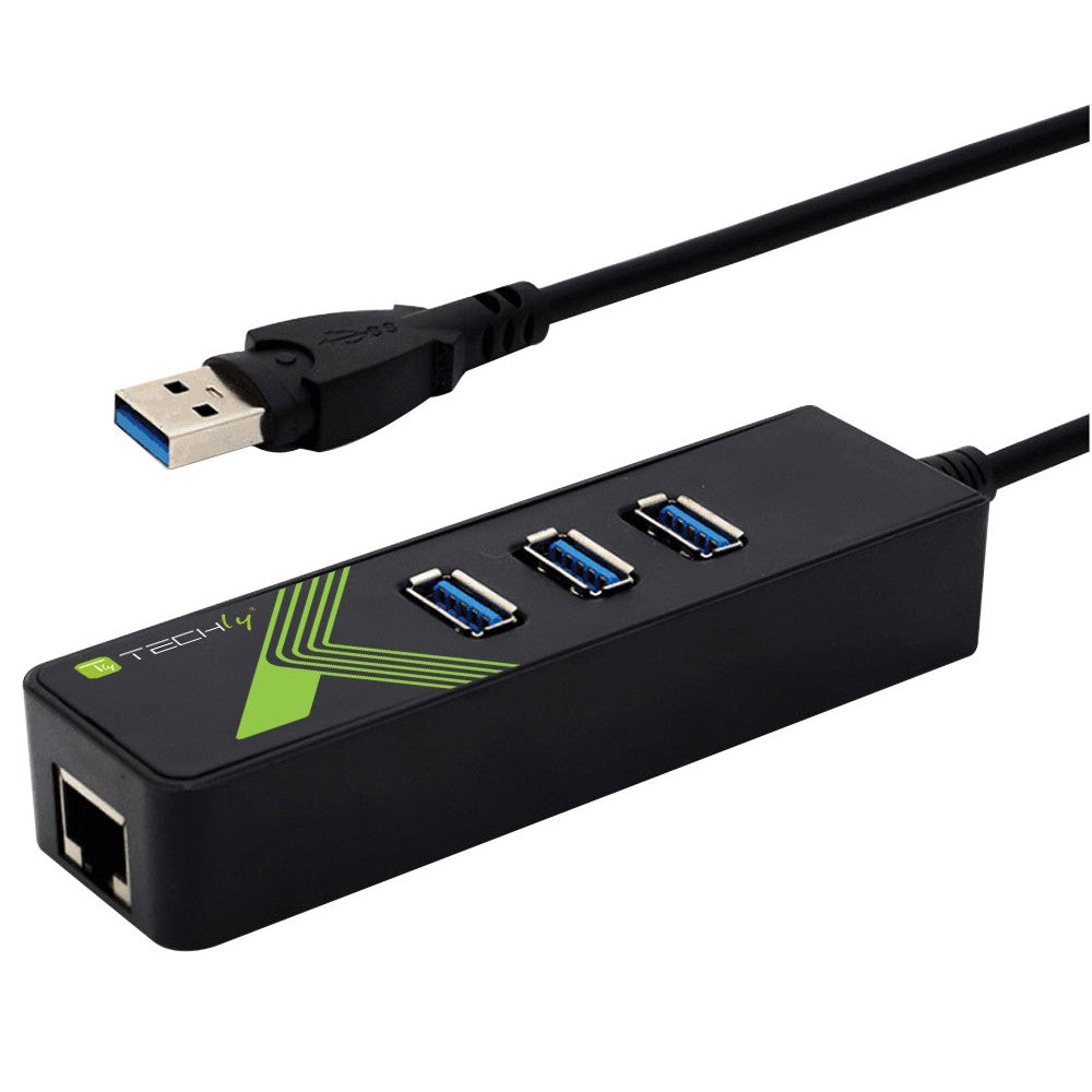 Techly IDATA USB-ETGIGA-3U2 Carte réseau/Adaptateur USB 3.0 vers RJ45 Gigabit, hub 3x USB 3.2