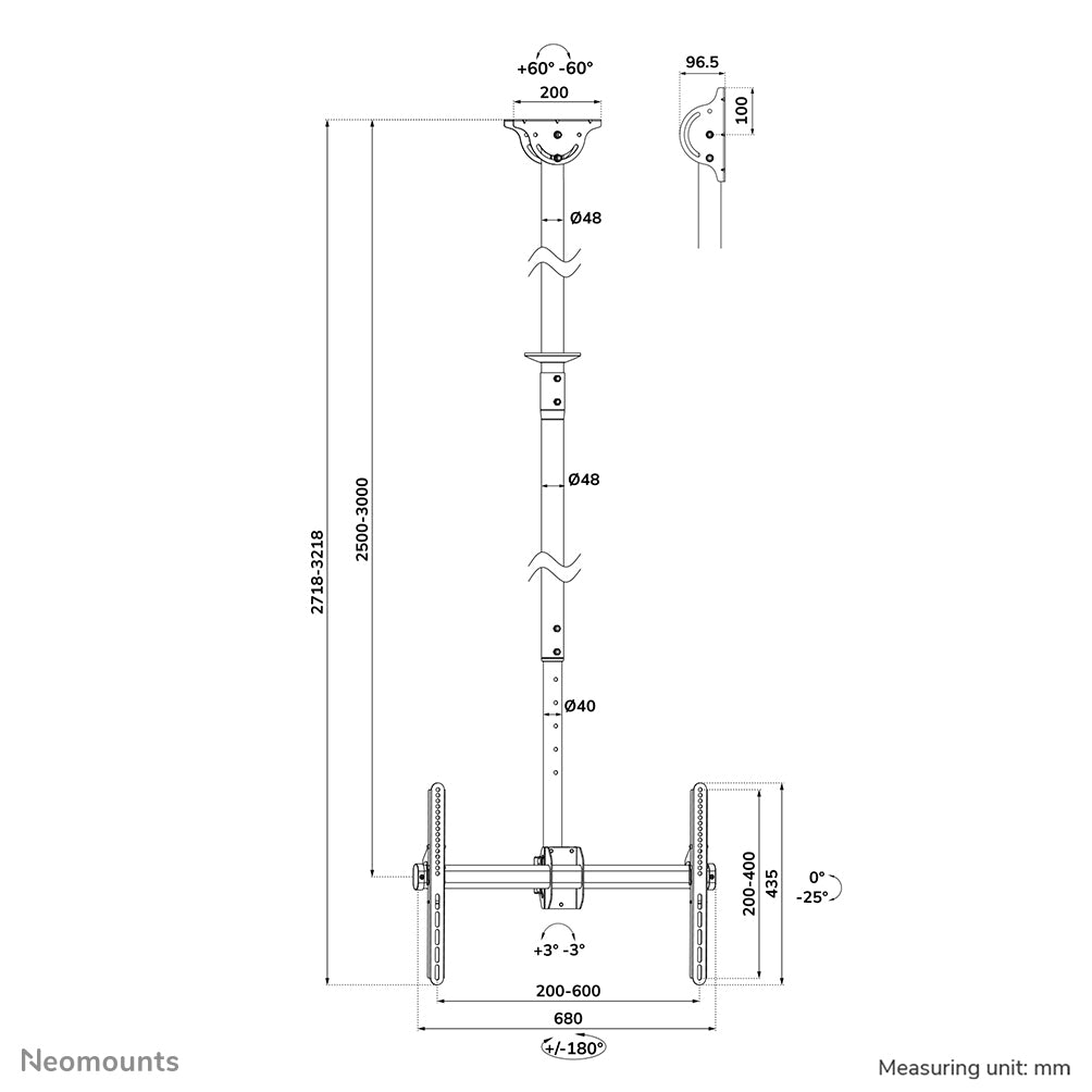 NEOMOUNTS CL35-440BL16XL Support de plafond pour écran de 37-70p - h 250-300 cm