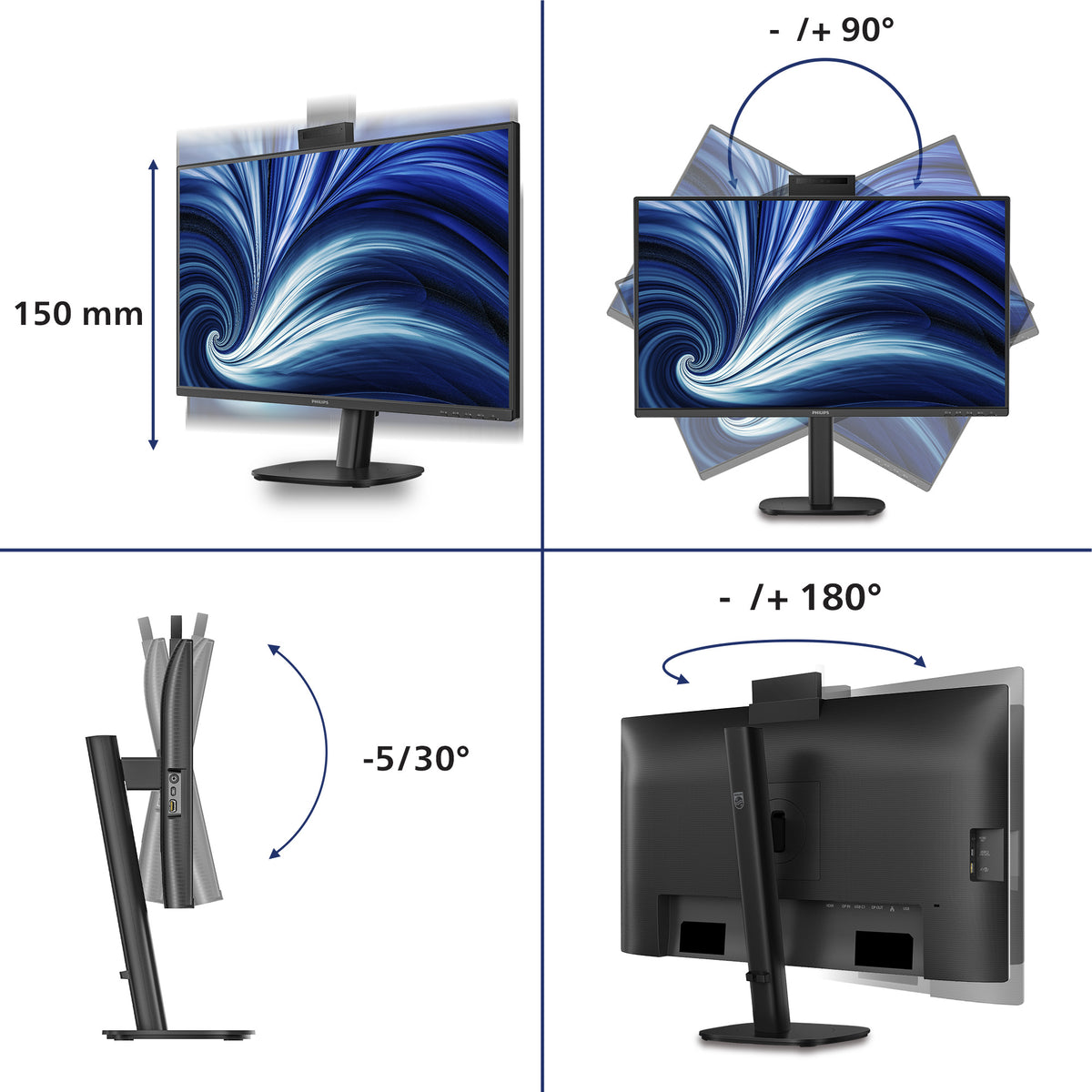 PHILIPS 27p 2560x1440 120Hz IPS Flat H/A 150 MM USB C DOCKING DISPLAY 90W Daisy chain with 27B2N3500J Smart Link Sync