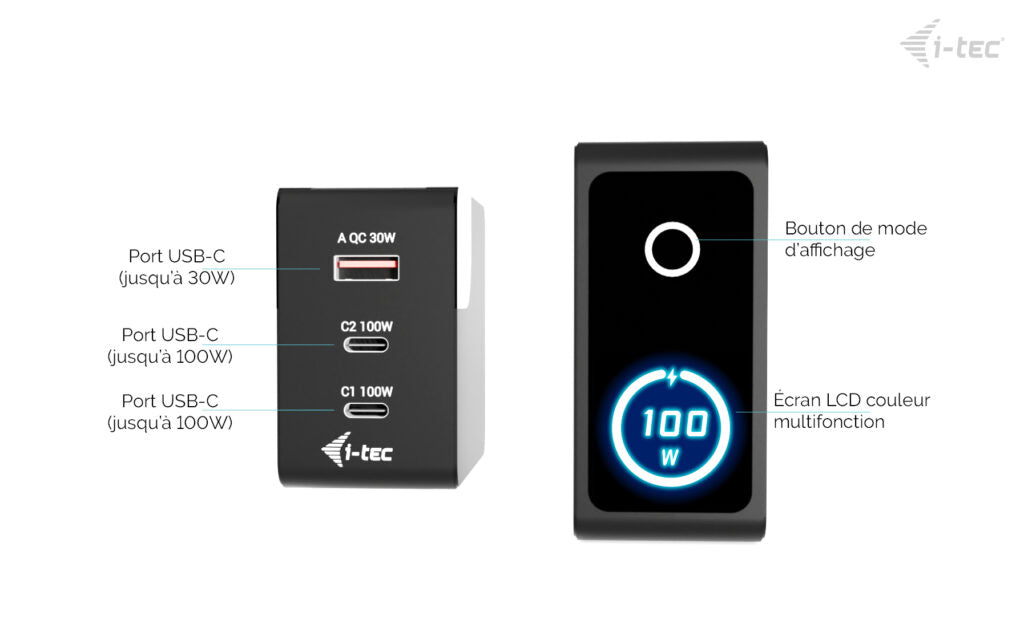 I-TEC 100W Intelligent Multiport USB Charger 2x USB-C 1x USB-A LCD display