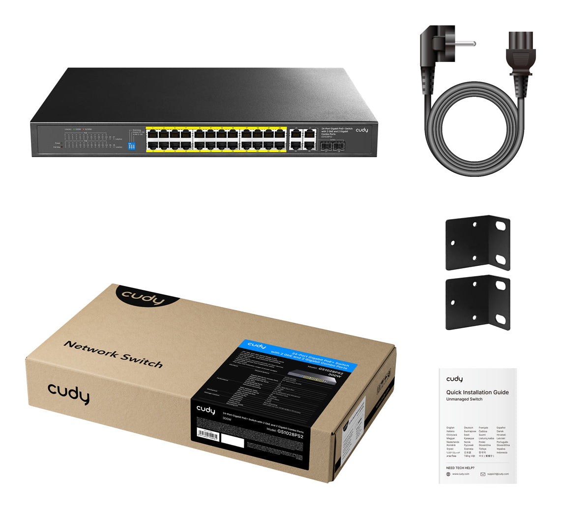 Cudy GS1028PS2 commutateur réseau Gigabit Ethernet (10/100/1000) Connexion Ethernet, supportant l'alimentation via ce port (PoE) Noir